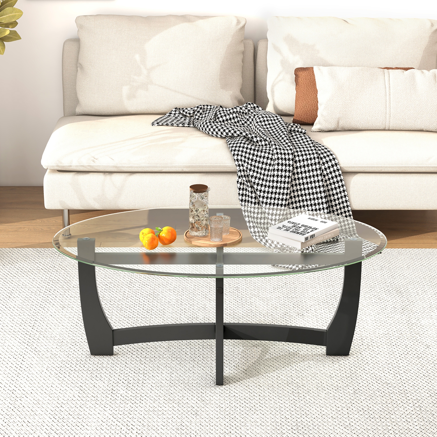 Gymax Coffee Table Modern Accent Tea Table w/ Rubber Wood Bentwood Structure