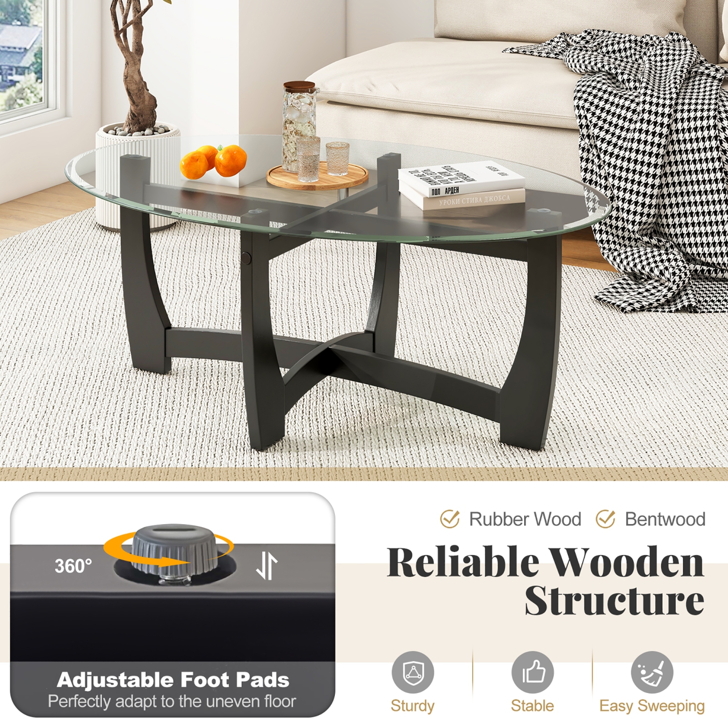 Gymax Coffee Table Modern Accent Tea Table w/ Rubber Wood Bentwood Structure