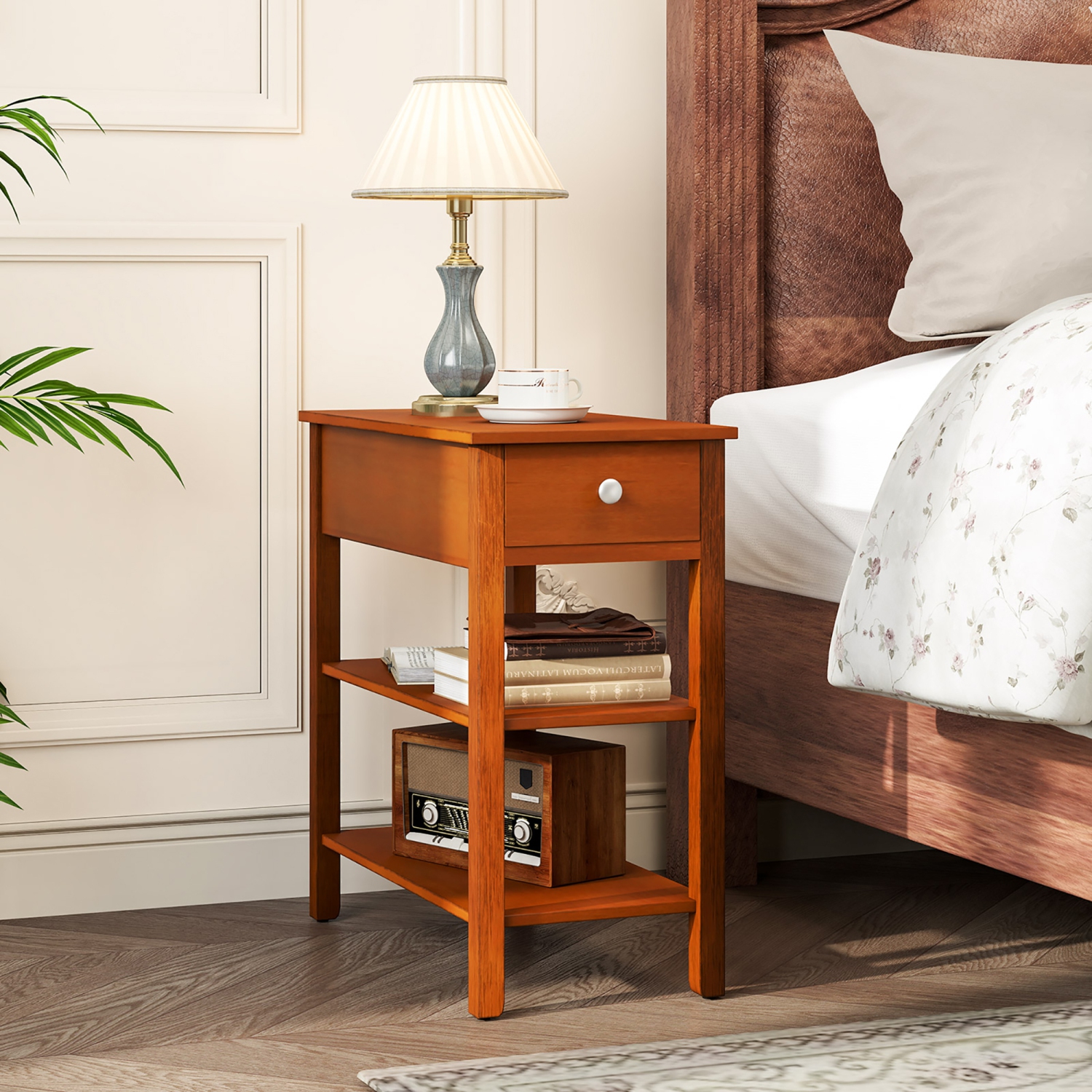 Gymax 2 PCS Narrow End Tables w/Drawer Shelves & Rubber Wood Legs Sofa Side Table