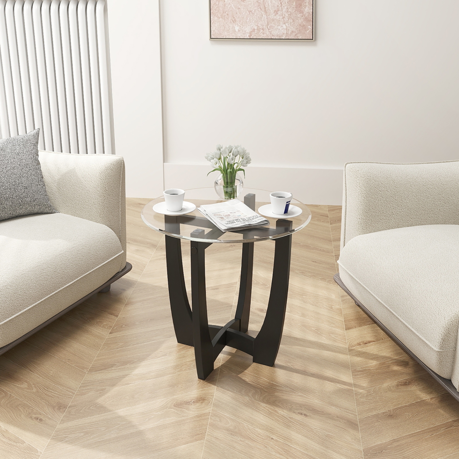 Gymax 2PCS 23.5'' Round End Table w/Glass Tabletop Cross-shaped Solid Rubber Wood Frame