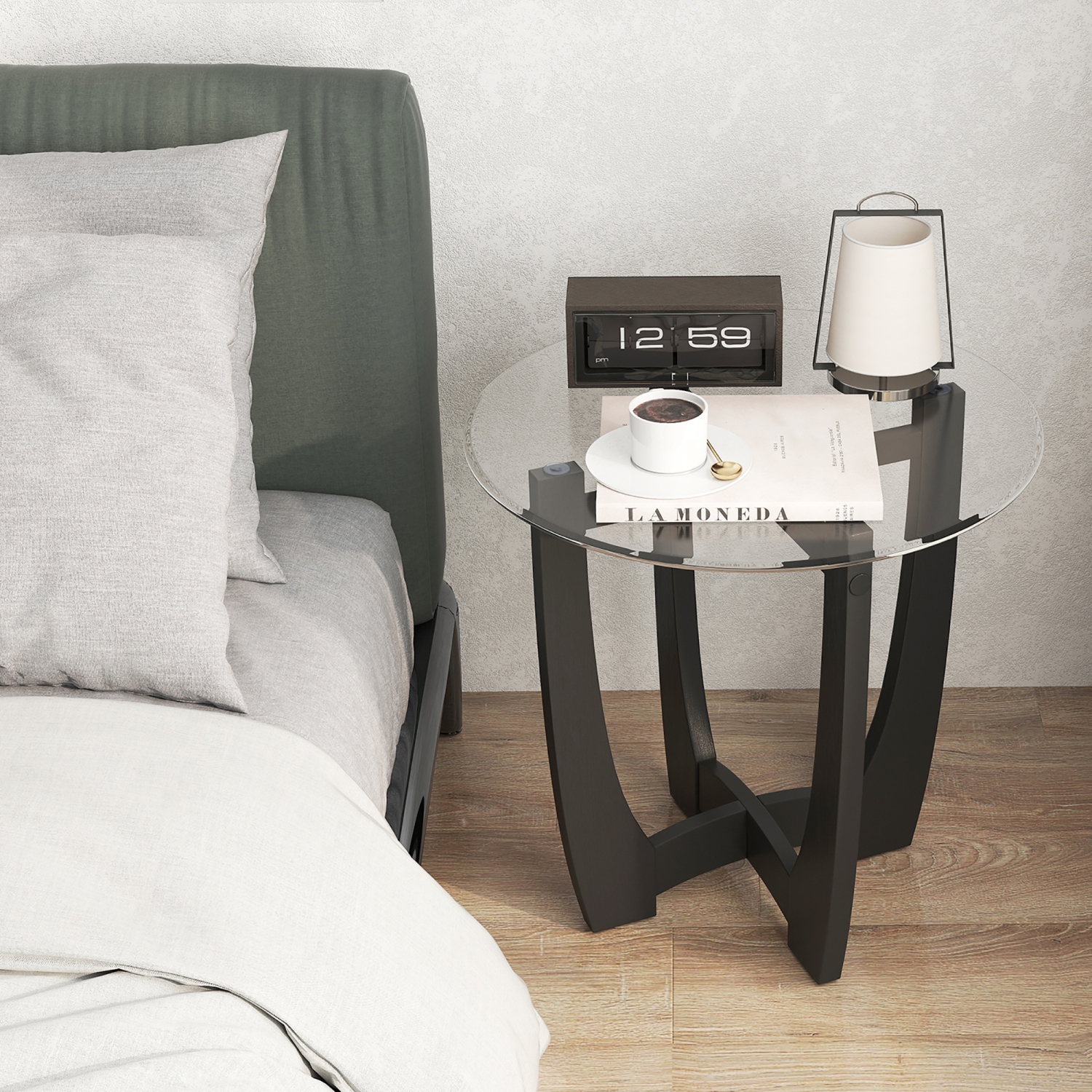 Gymax 2PCS 23.5'' Round End Table w/Glass Tabletop Cross-shaped Solid Rubber Wood Frame