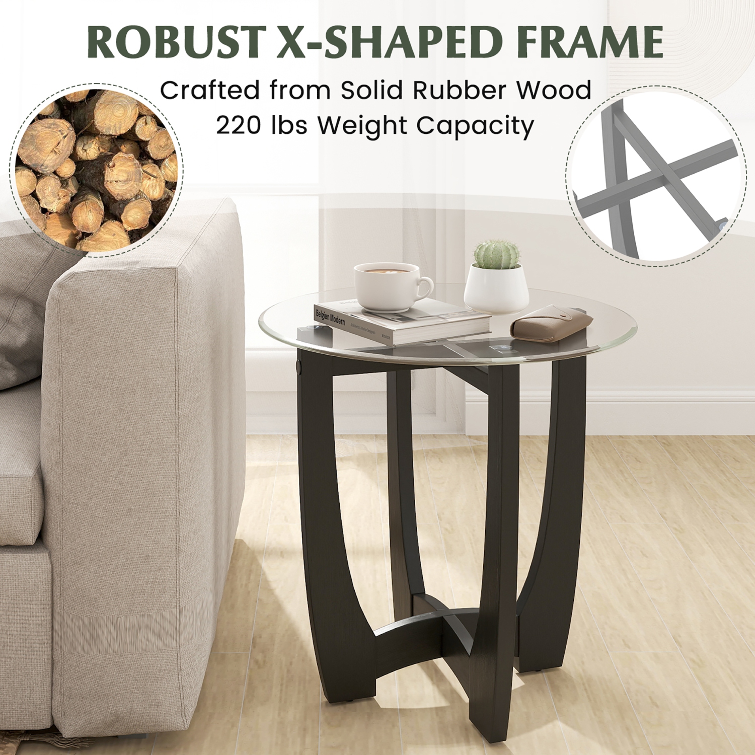 Gymax 2PCS 23.5'' Round End Table w/Glass Tabletop Cross-shaped Solid Rubber Wood Frame