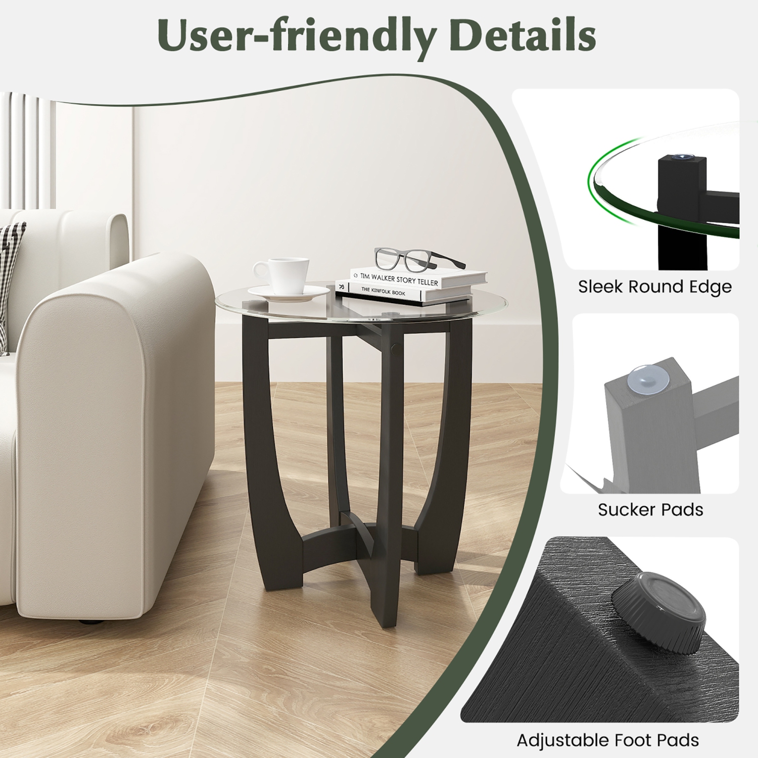 Gymax 2PCS 23.5'' Round End Table w/Glass Tabletop Cross-shaped Solid Rubber Wood Frame