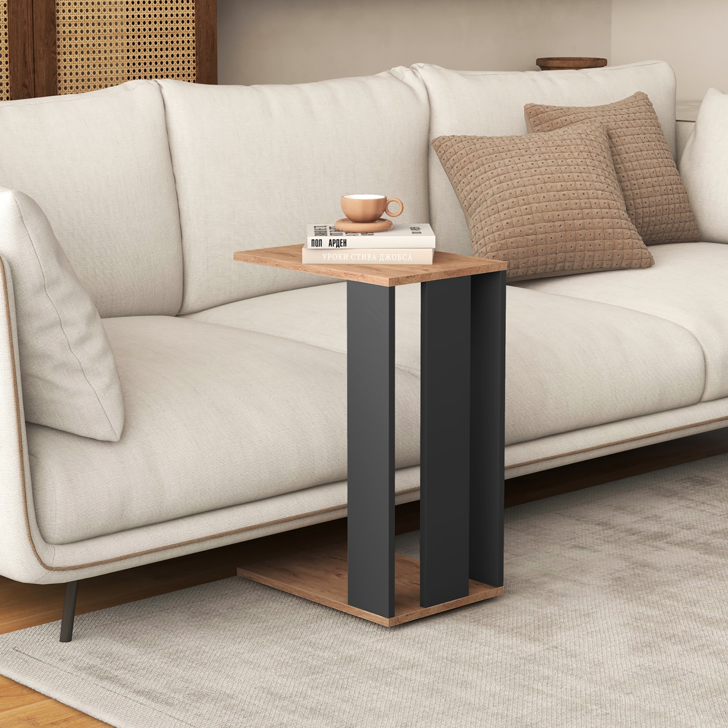 Gymax 2PCS 2-Tier C Shaped Side Table w/ Universal Wheels & Shelf for Small Space