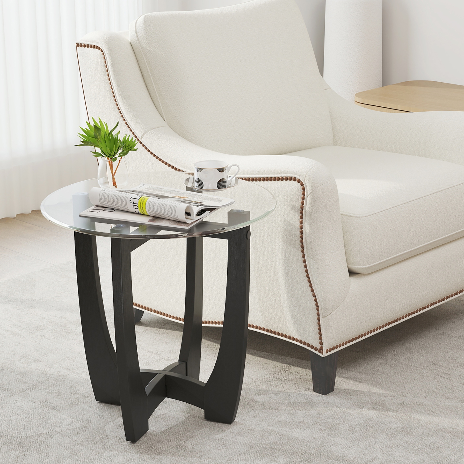 Gymax 23.5'' Round Side Table w/ Glass Tabletop Cross-shaped Solid Rubber Wood Frame