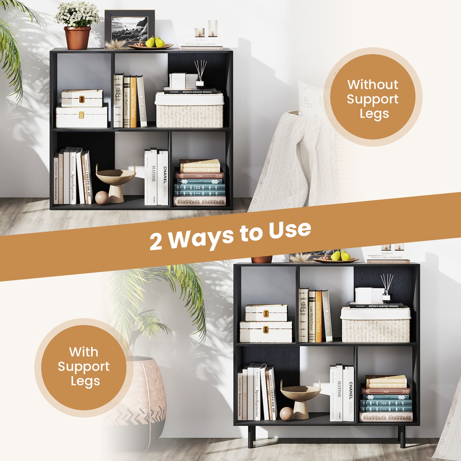 Gymax 2PCS 4 Cubby Open Bookcase 3-Tier Freestanding Bookshelf w/ Detachable Metal Legs