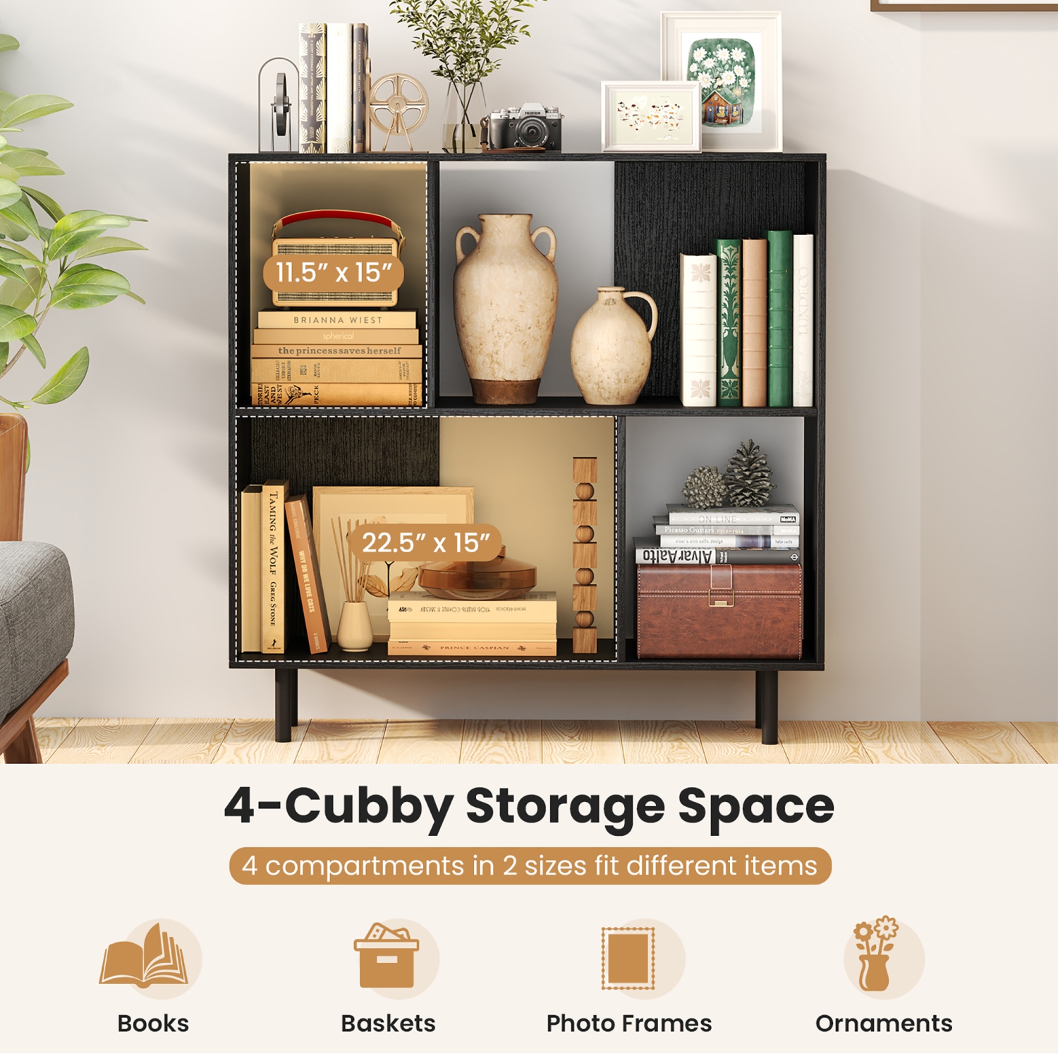 Gymax 2PCS 4 Cubby Open Bookcase 3-Tier Freestanding Bookshelf w/ Detachable Metal Legs