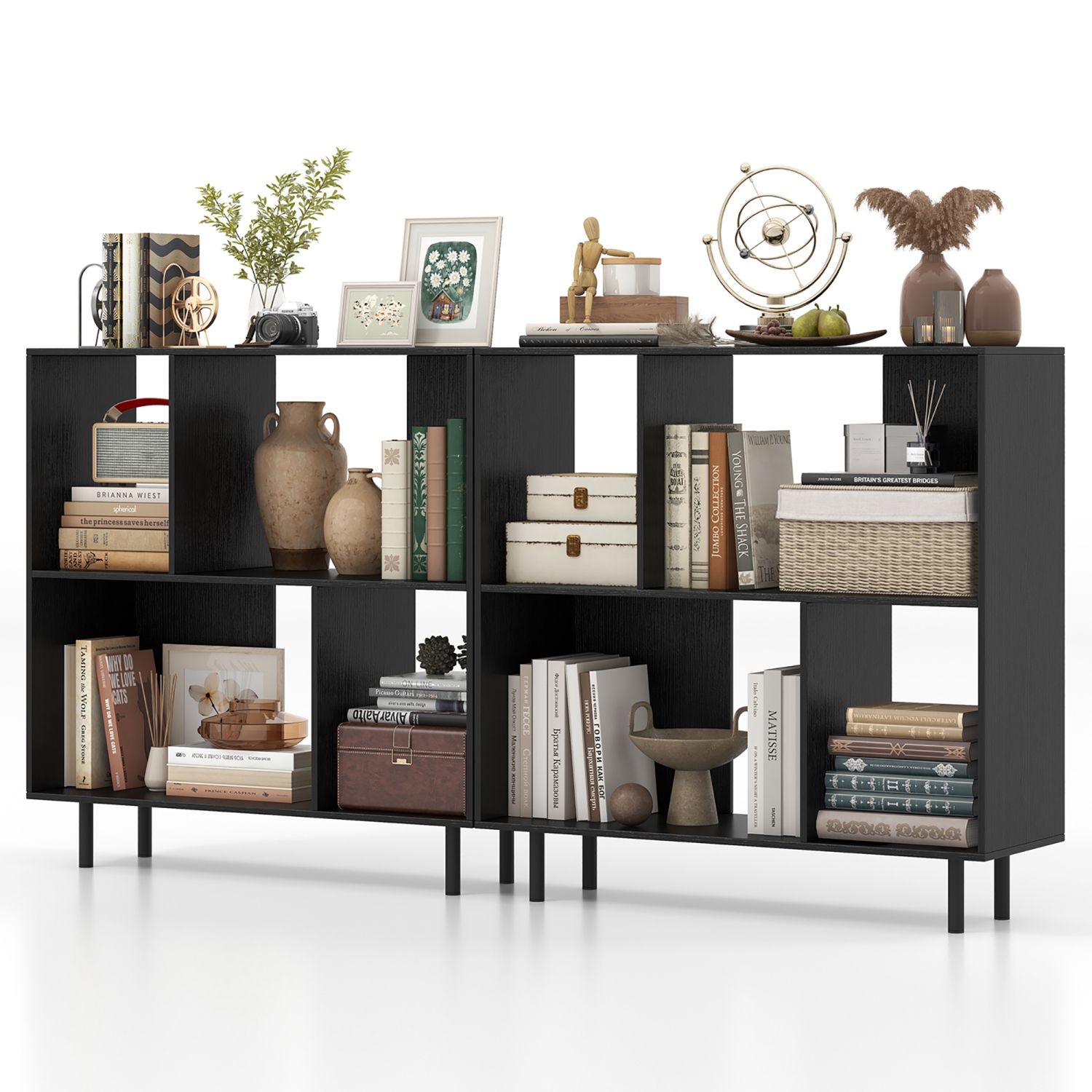 Gymax 2PCS 4 Cubby Open Bookcase 3-Tier Freestanding Bookshelf w/ Detachable Metal Legs