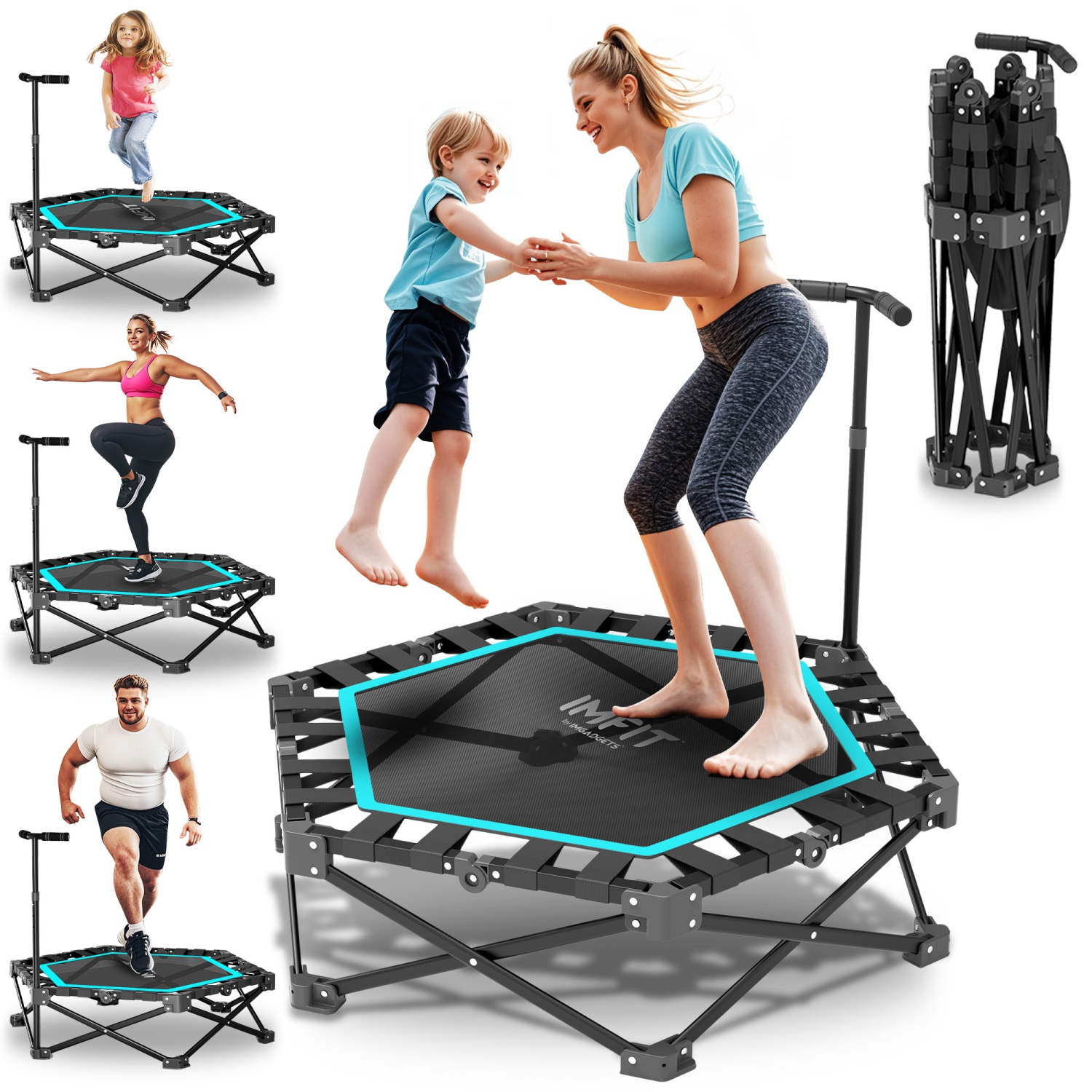 Trampoline de mise en forme pliable de 42&nbsp;po d'IMFIT | Capacité de poids 331&nbsp;lb | Bouncer ultra-silencieux | Guidon réglable à 3 niveaux |
