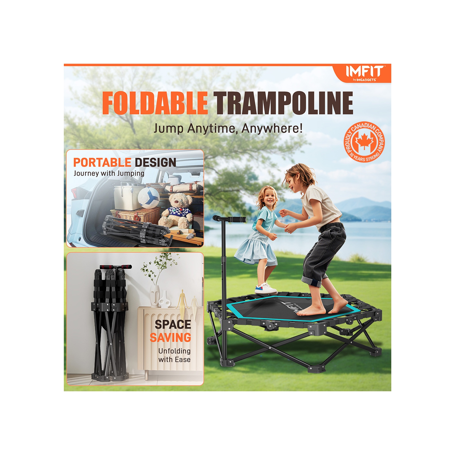 Trampoline de mise en forme pliable de 42&nbsp;po d'IMFIT | Capacité de poids 331&nbsp;lb | Bouncer ultra-silencieux | Guidon réglable à 3 niveaux |