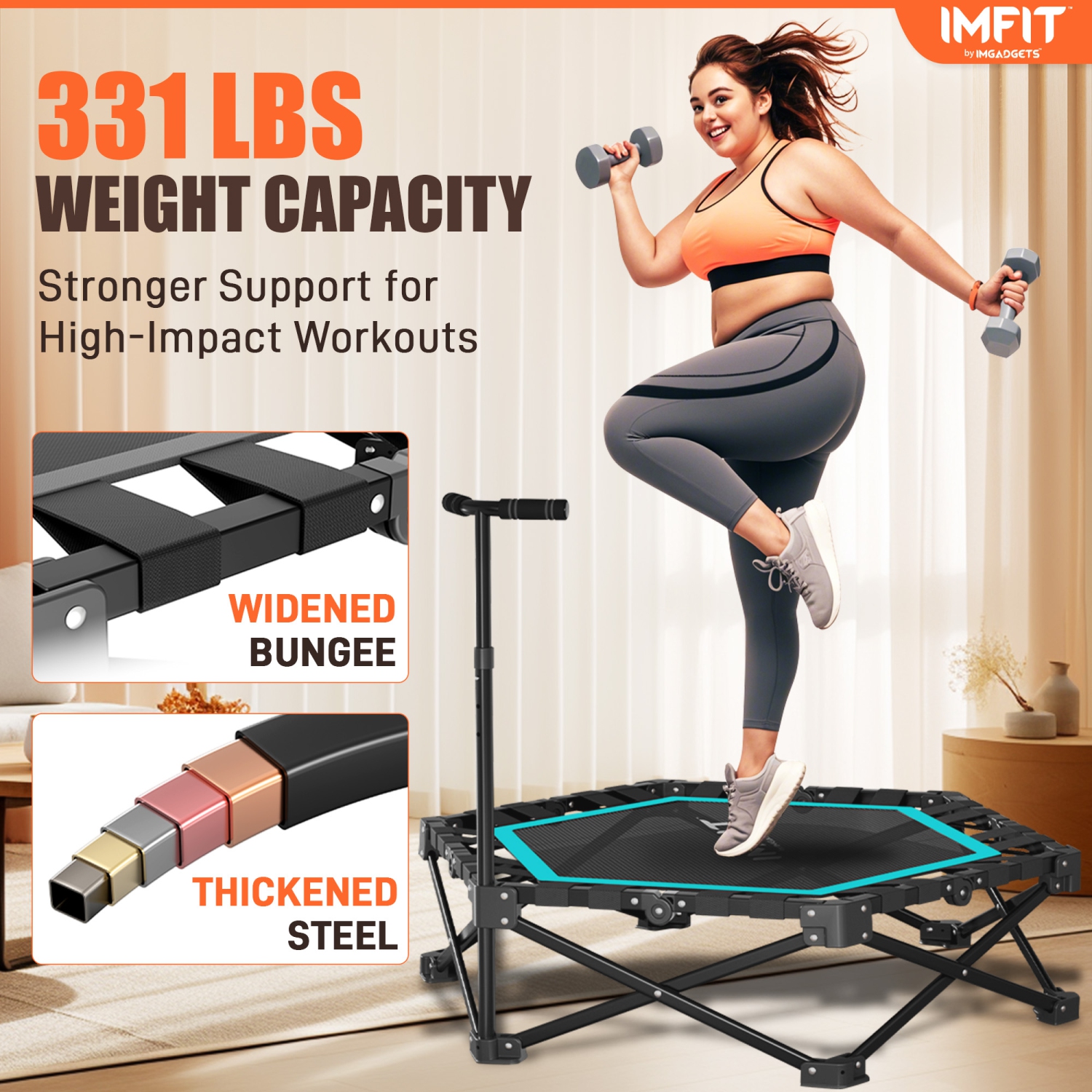 Trampoline de mise en forme pliable de 42&nbsp;po d'IMFIT | Capacité de poids 331&nbsp;lb | Bouncer ultra-silencieux | Guidon réglable à 3 niveaux |