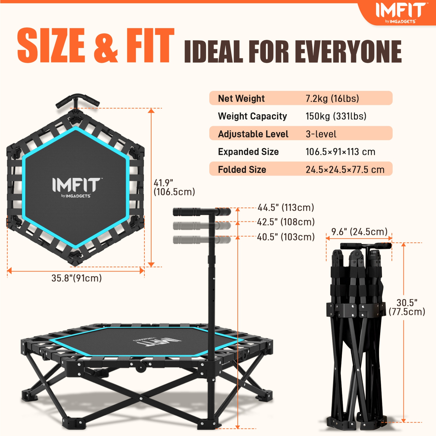 Trampoline de mise en forme pliable de 42&nbsp;po d'IMFIT | Capacité de poids 331&nbsp;lb | Bouncer ultra-silencieux | Guidon réglable à 3 niveaux |
