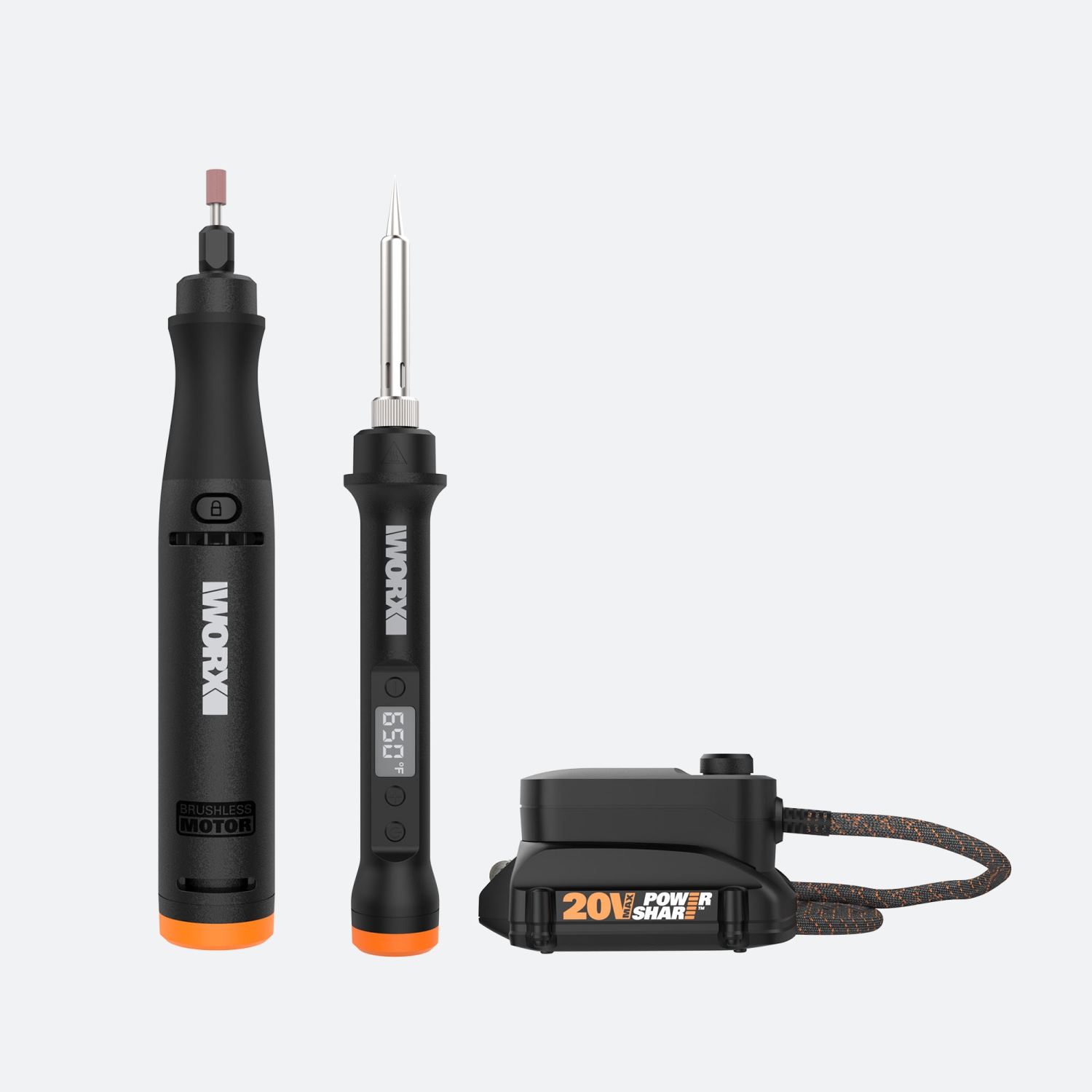 WORX -- Outil rotatif MakerX de 20&nbsp;V et ensemble de chevilles en bois et métal avec accessoires