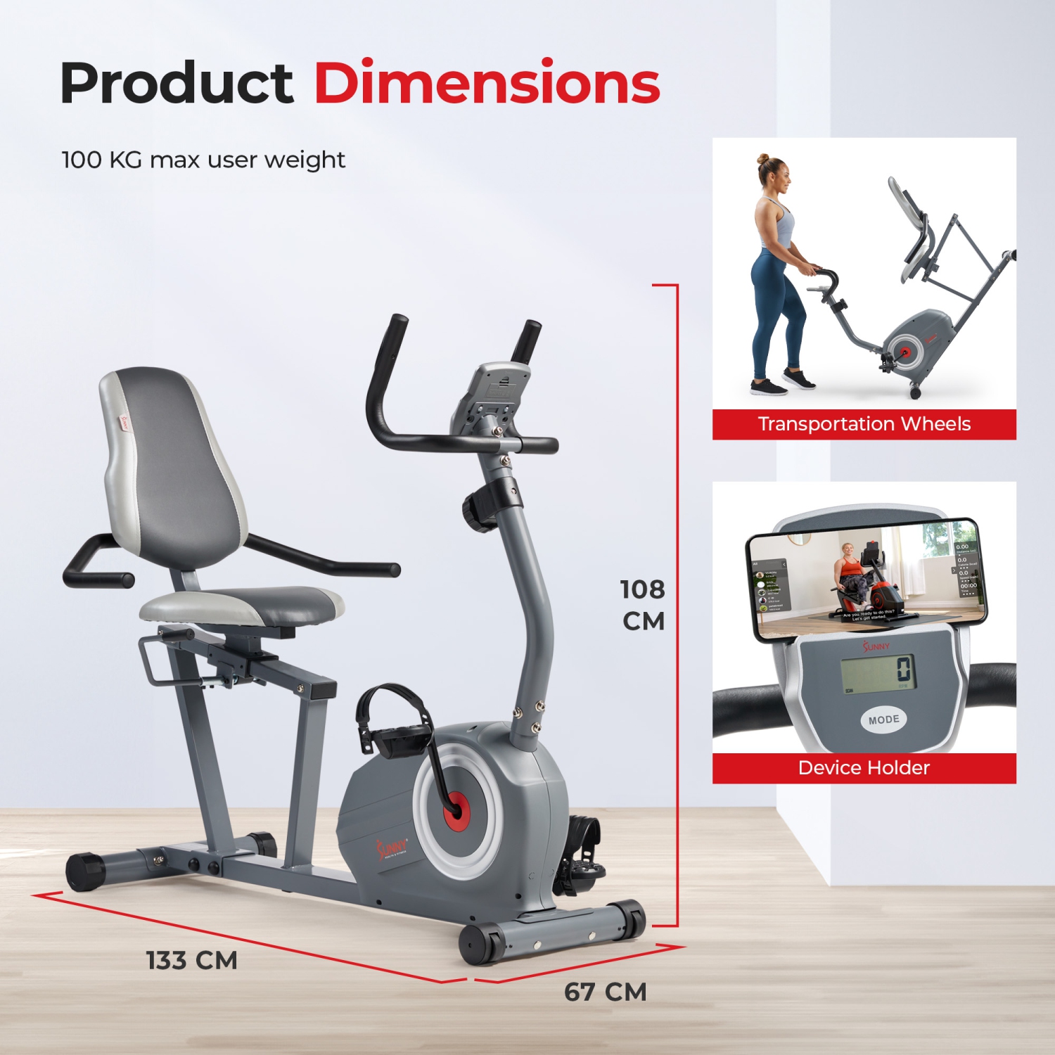 Vélo à position allongée magnétique intelligent Essentials Series de Sunny Health & Fitness avec connectivité Bluetooth améliorée par application