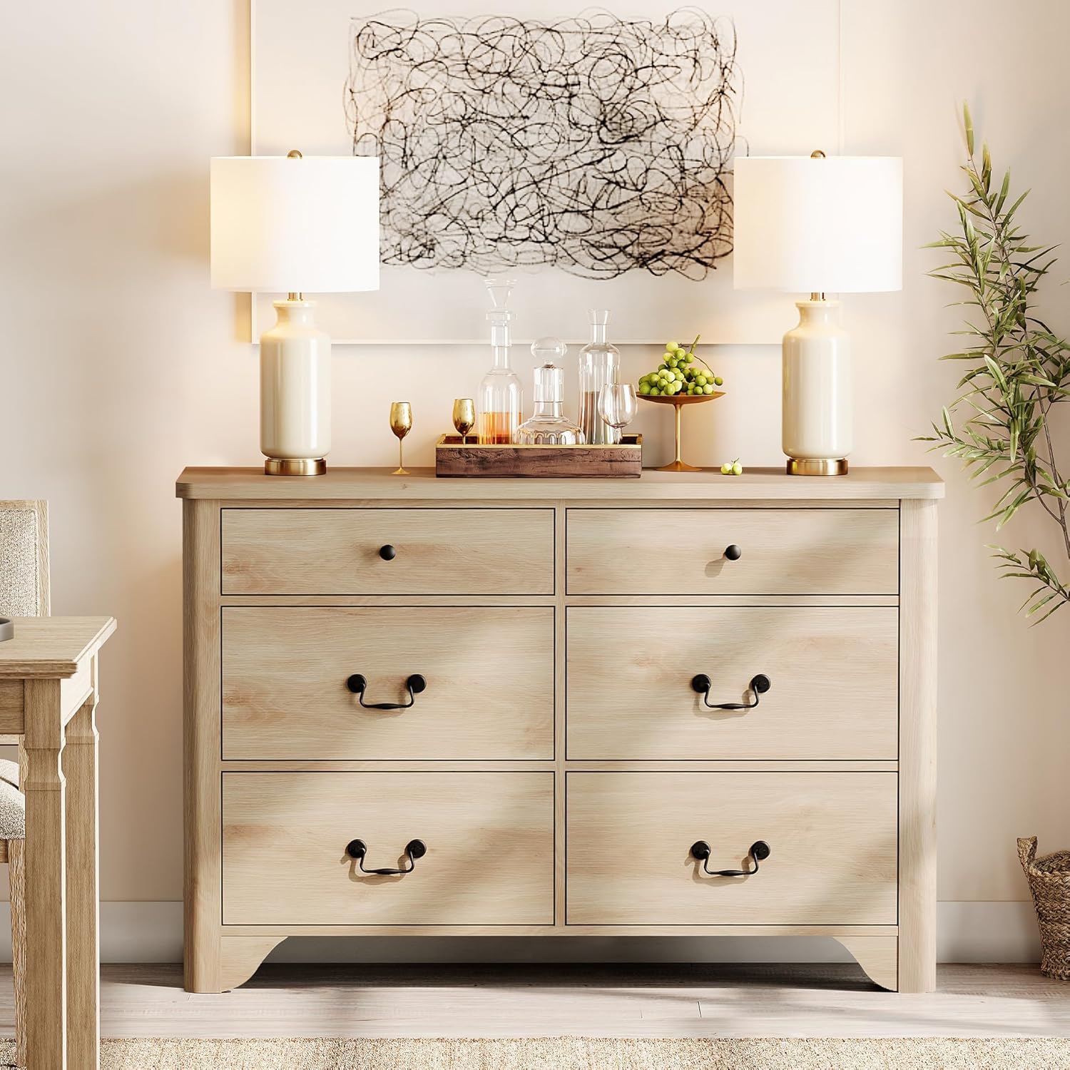 Commode à 6 tiroirs WAMPAT pour chambre à coucher, commode en bois Farmhouse, meuble pour téléviseur avec grands tiroirs en chêne, grande commode