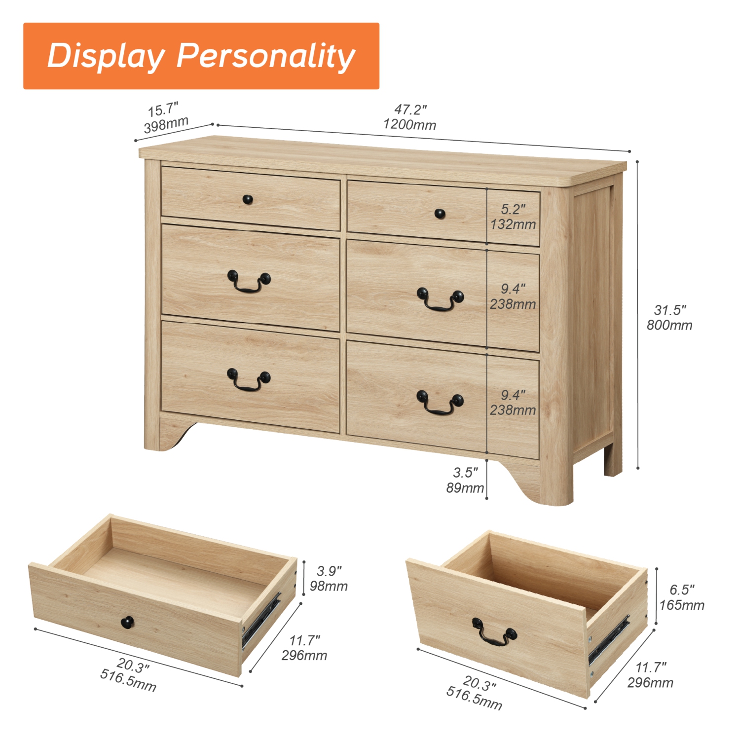 Commode à 6 tiroirs WAMPAT pour chambre à coucher, commode en bois Farmhouse, meuble pour téléviseur avec grands tiroirs en chêne, grande commode