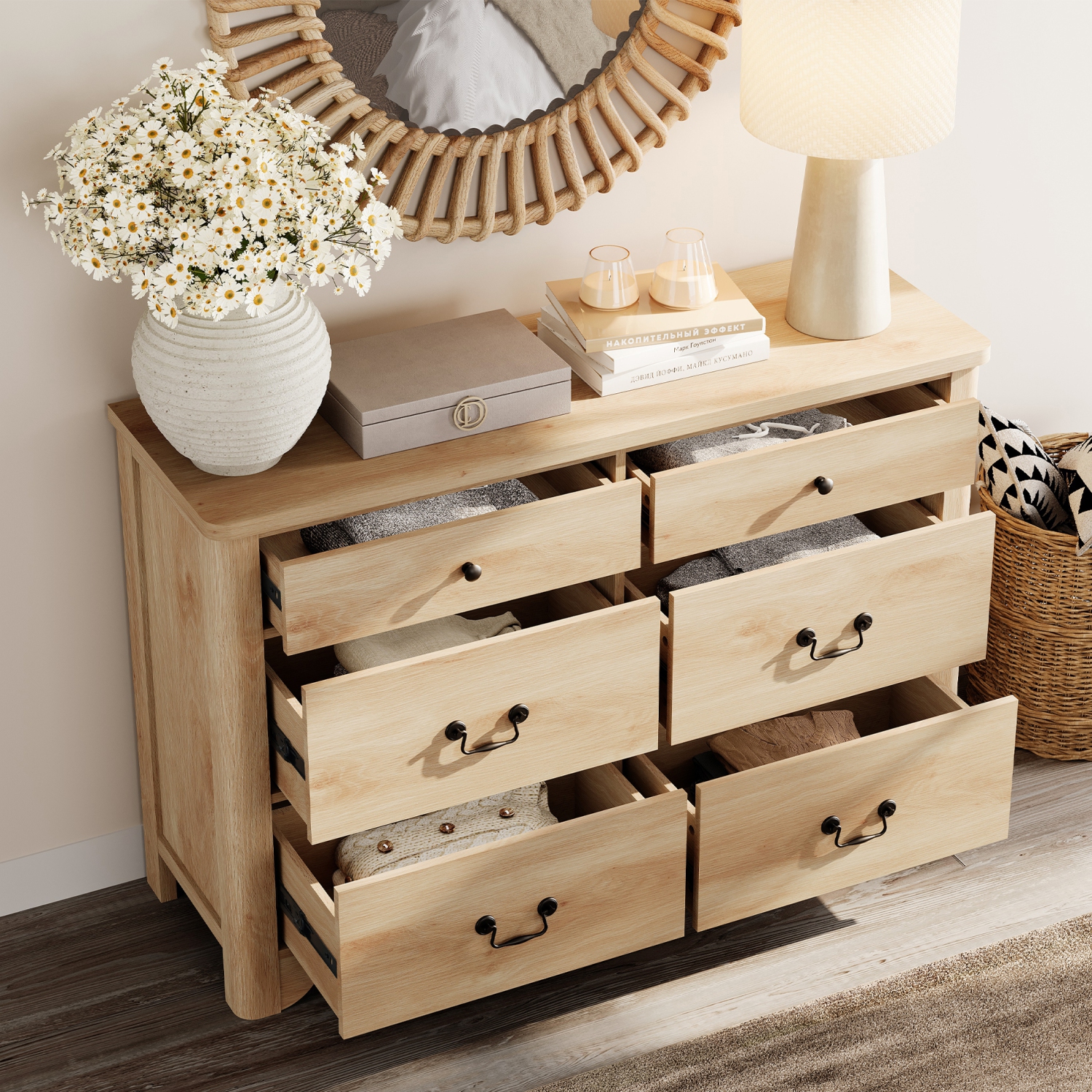 Commode à 6 tiroirs WAMPAT pour chambre à coucher, commode en bois Farmhouse, meuble pour téléviseur avec grands tiroirs en chêne, grande commode