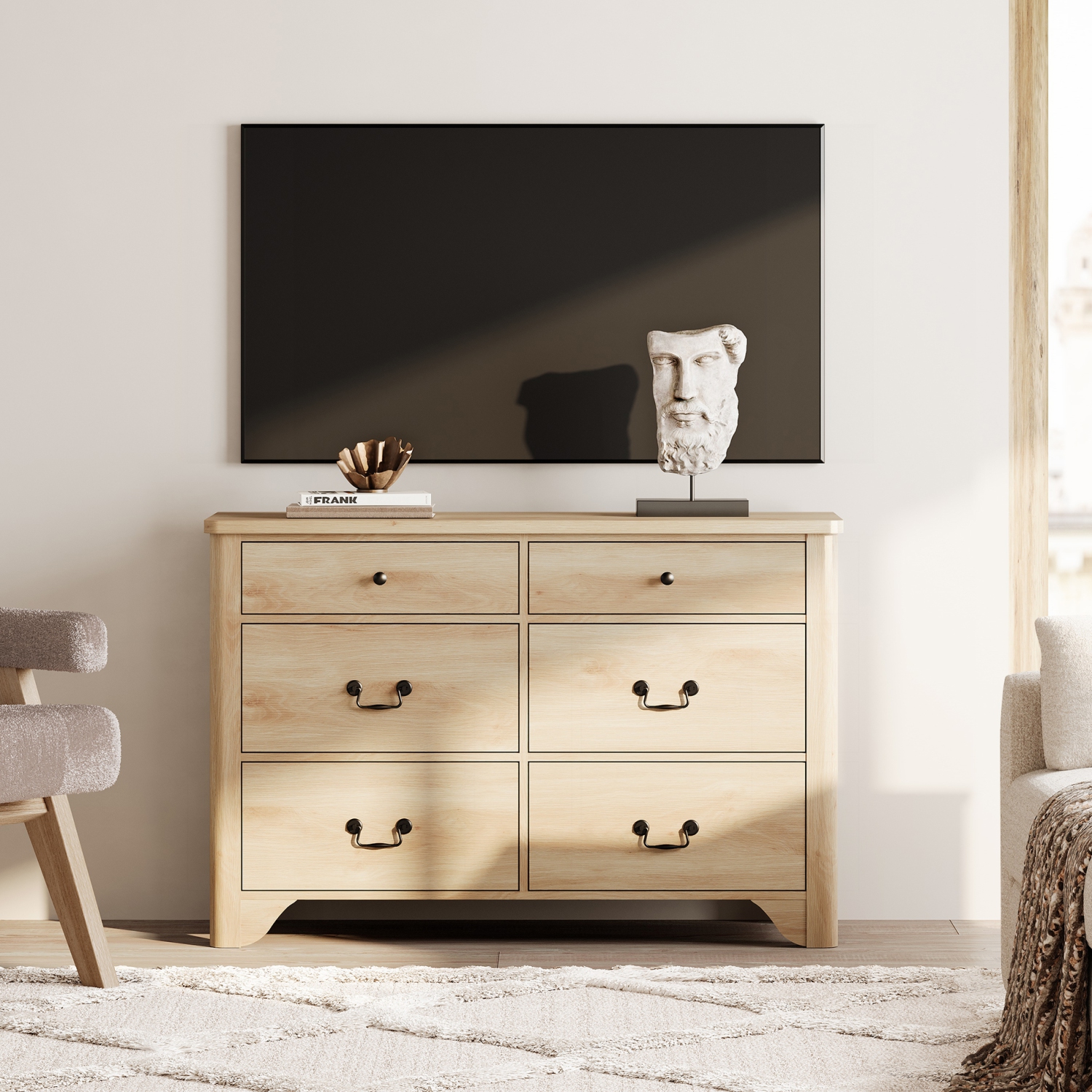 Commode à 6 tiroirs WAMPAT pour chambre à coucher, commode en bois Farmhouse, meuble pour téléviseur avec grands tiroirs en chêne, grande commode