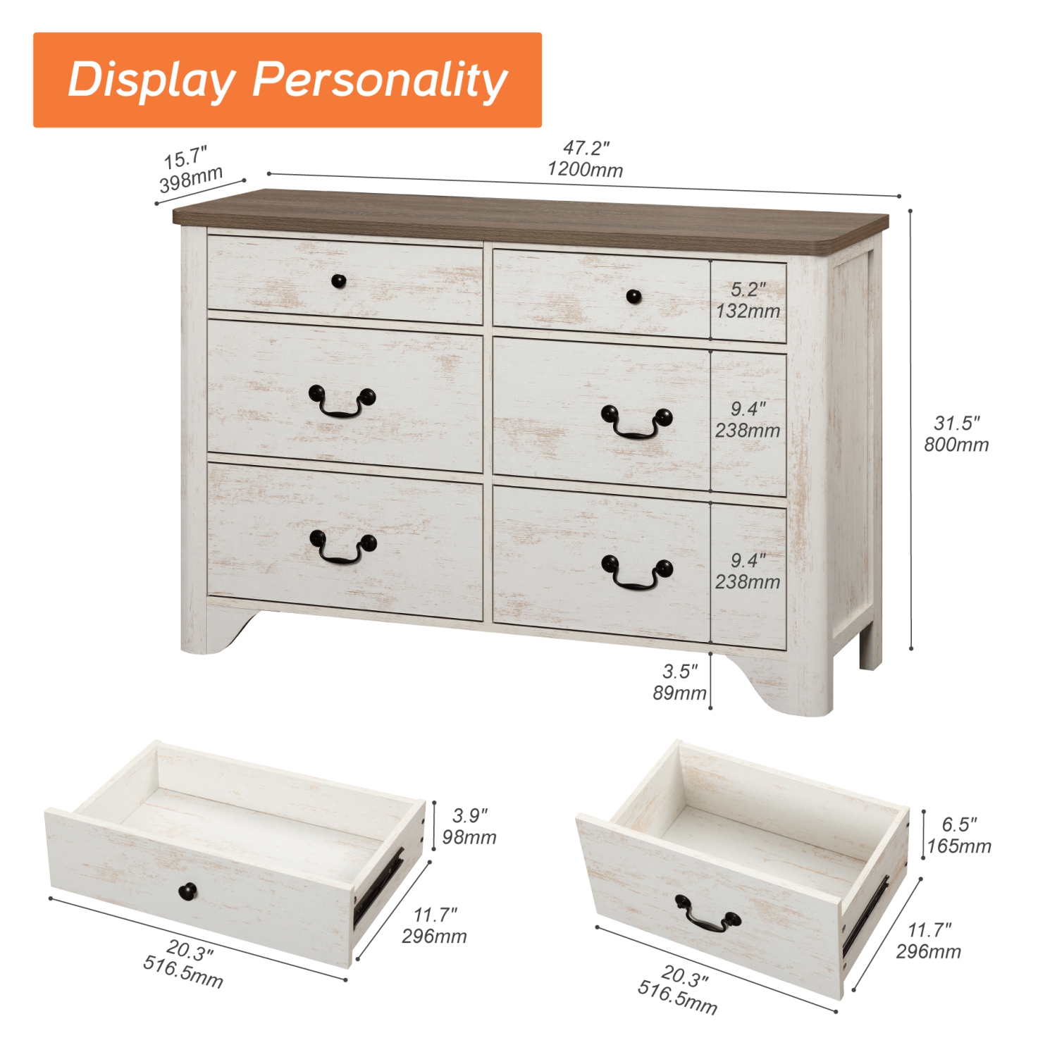 Commode à 6 tiroirs WAMPAT pour chambre à coucher, commode en bois Farmhouse, meuble pour téléviseur blanc avec grands tiroirs, commode pour enfant