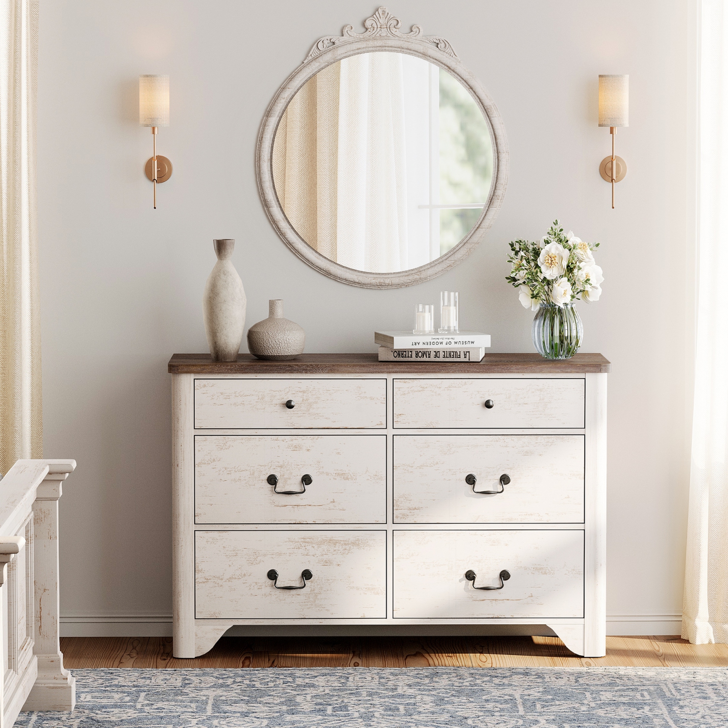 Commode à 6 tiroirs WAMPAT pour chambre à coucher, commode en bois Farmhouse, meuble pour téléviseur blanc avec grands tiroirs, commode pour enfant