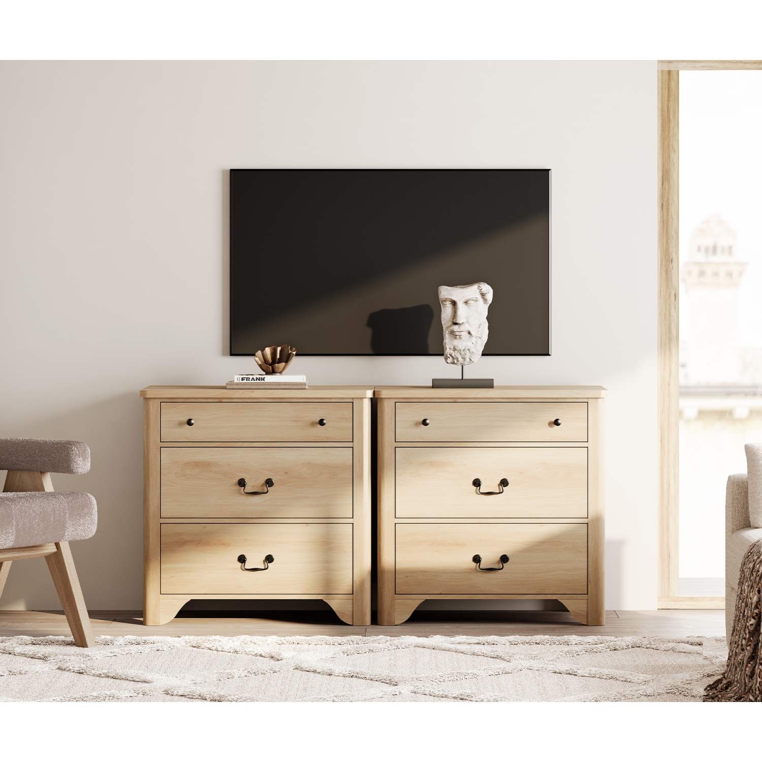 Commode à 6 tiroirs WAMPAT pour chambre à coucher, commode champêtre avec grand coffre à tiroirs, commode en bois de chêne Commode moderne pour