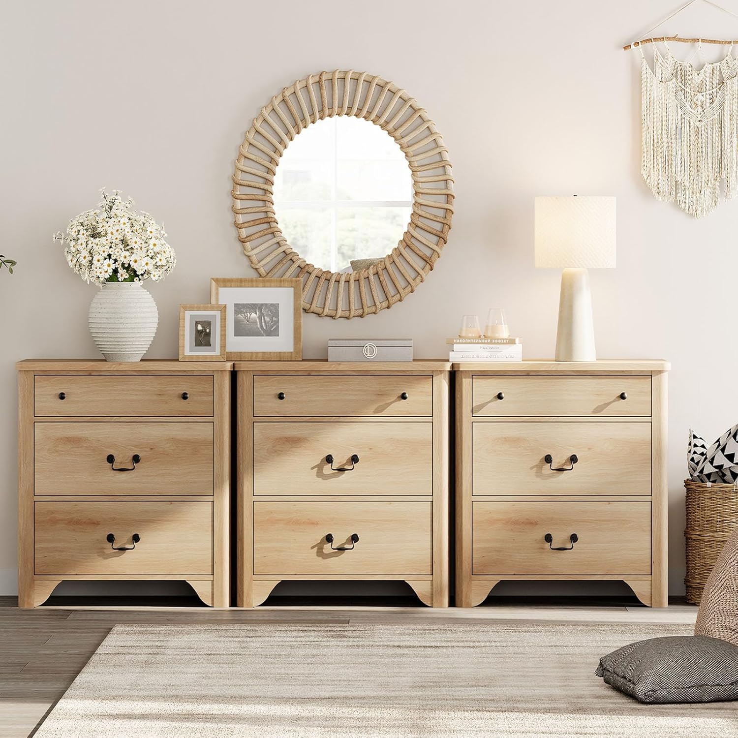 Commode à 9 tiroirs WAMPAT pour chambre à coucher, commode Farmhouse de 94,5&nbsp;po de largeur en chêne avec large commode à tiroirs, armoire de