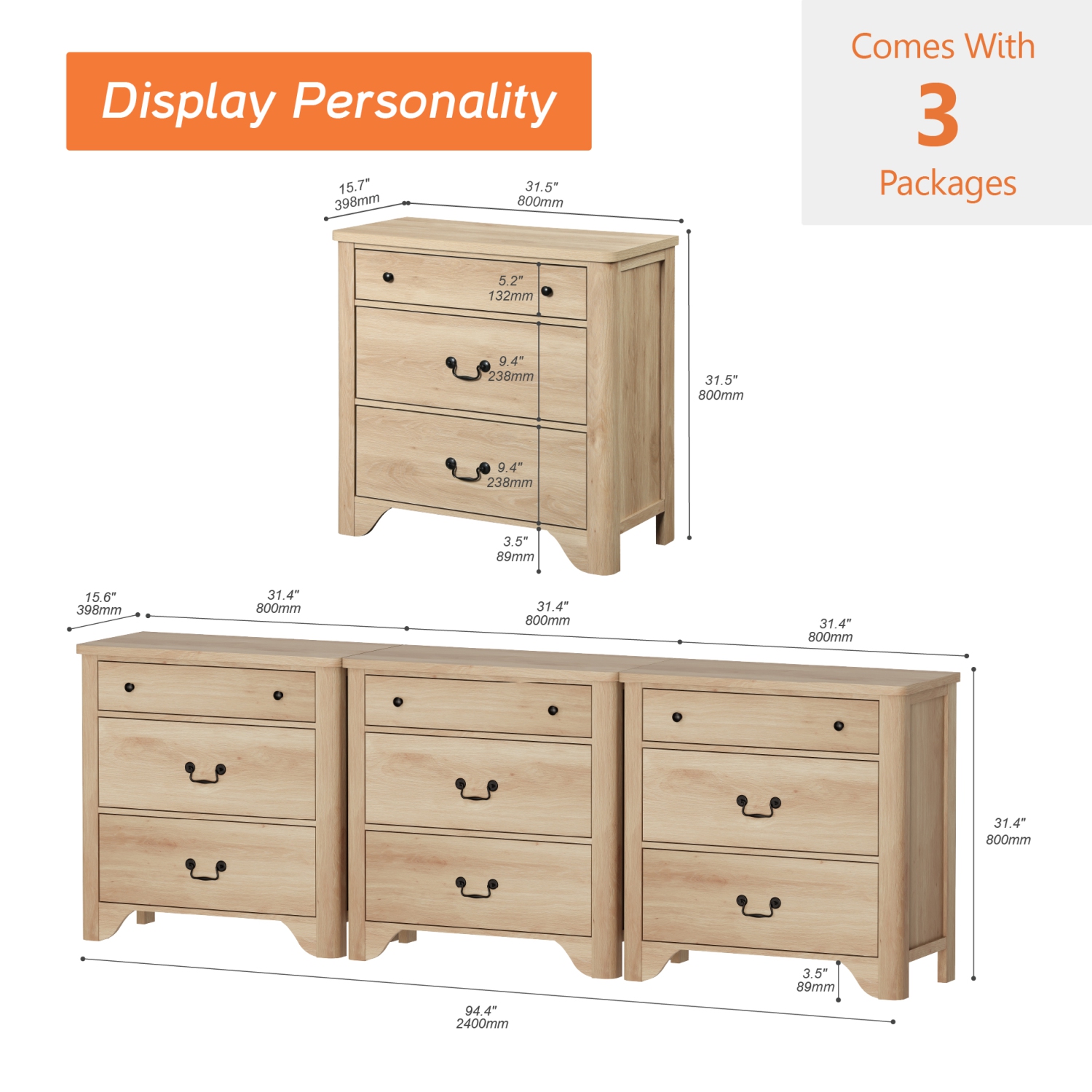 Commode à 9 tiroirs WAMPAT pour chambre à coucher, commode Farmhouse de 94,5&nbsp;po de largeur en chêne avec large commode à tiroirs, armoire de