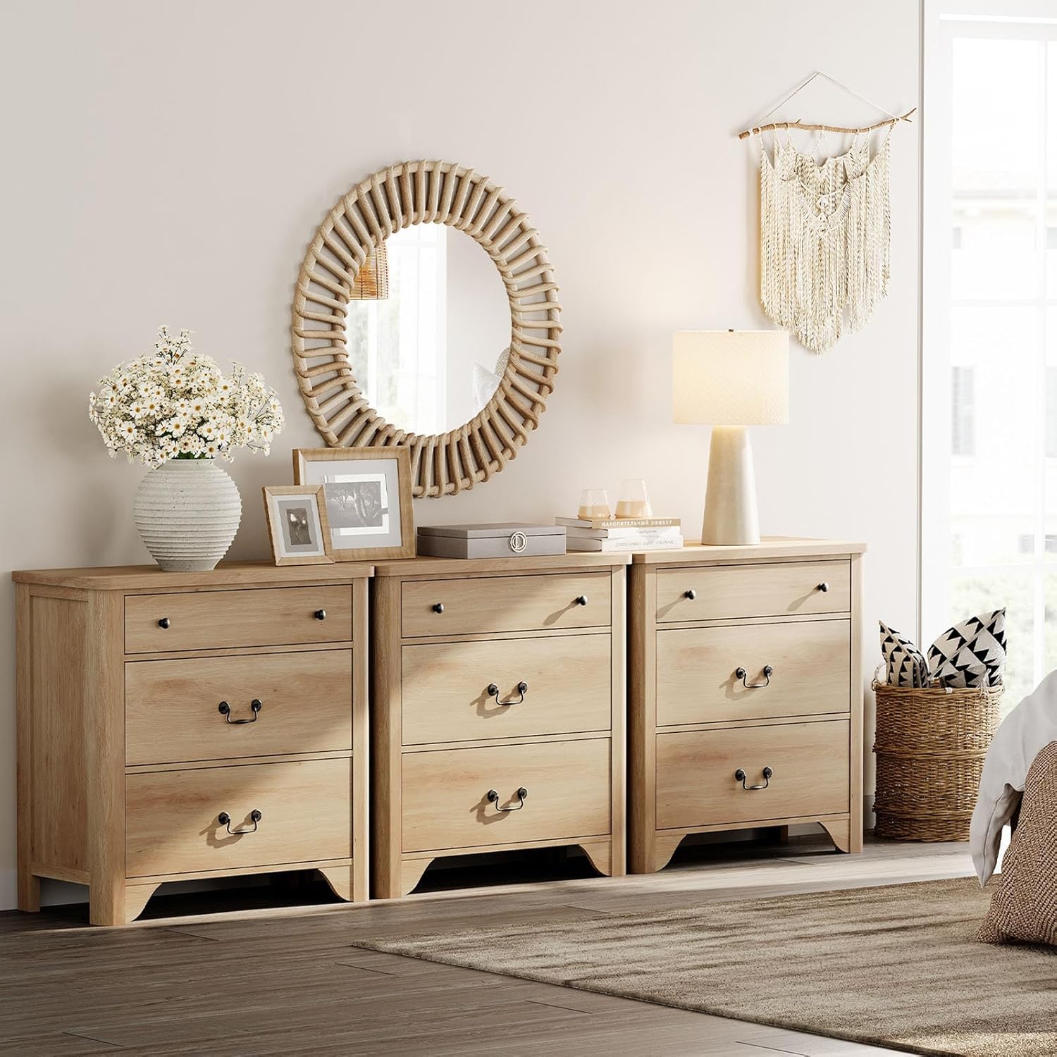 Commode à 9 tiroirs WAMPAT pour chambre à coucher, commode Farmhouse de 94,5&nbsp;po de largeur en chêne avec large commode à tiroirs, armoire de