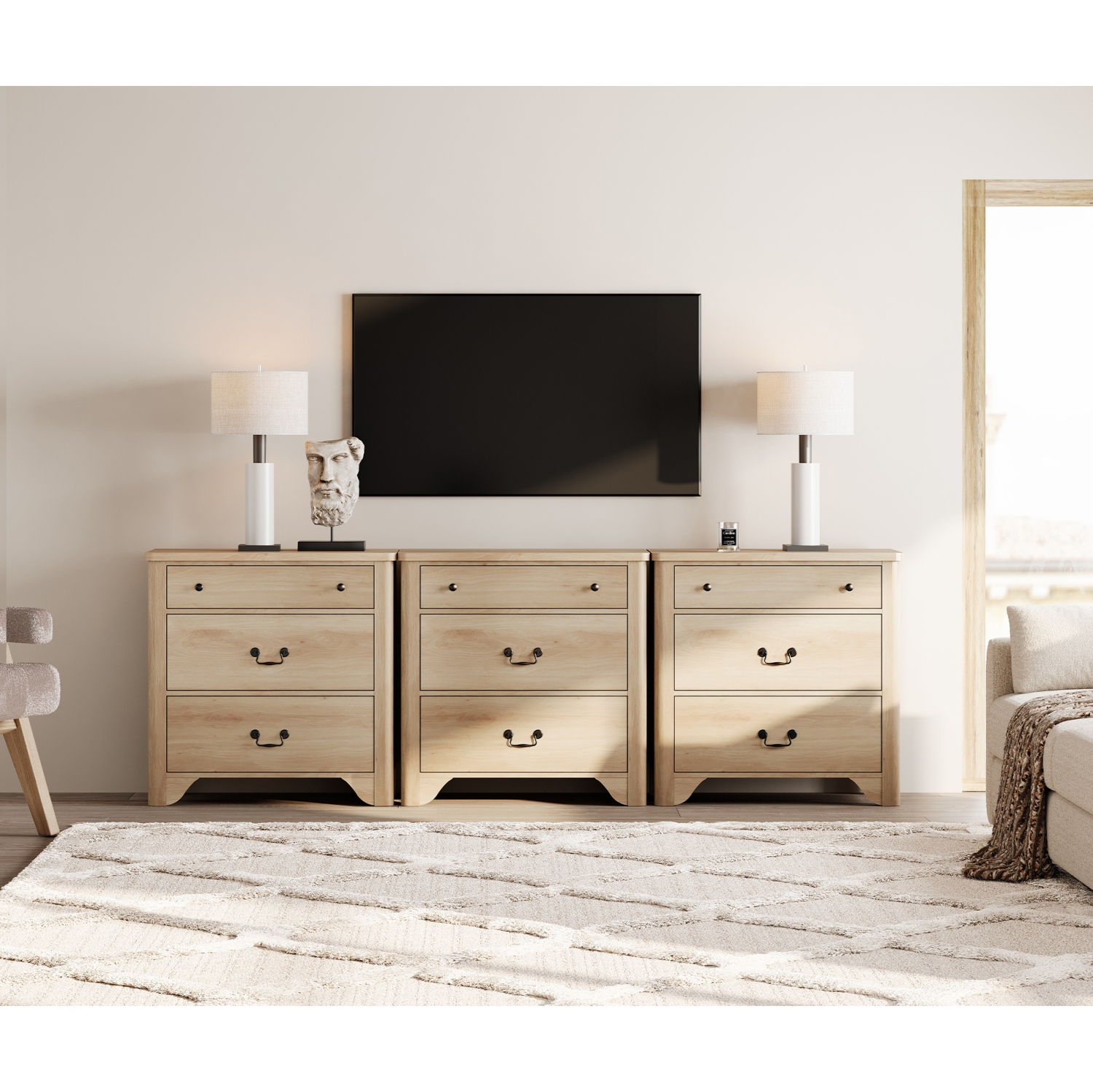 Commode à 9 tiroirs WAMPAT pour chambre à coucher, commode Farmhouse de 94,5&nbsp;po de largeur en chêne avec large commode à tiroirs, armoire de