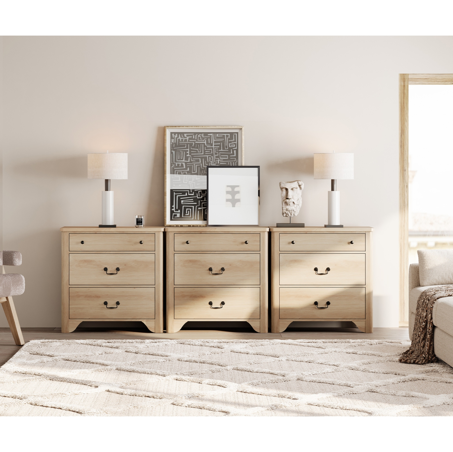 Commode à 9 tiroirs WAMPAT pour chambre à coucher, commode Farmhouse de 94,5&nbsp;po de largeur en chêne avec large commode à tiroirs, armoire de