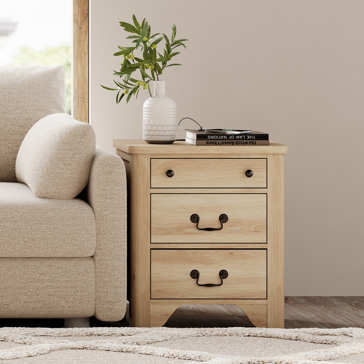 WAMPAT Farmhouse End Table with Charging Station, 20.5" Sofa Side Table with Large 3 Drawers,Rustic Wood Nightstands for Bedroom, Living Room, Home