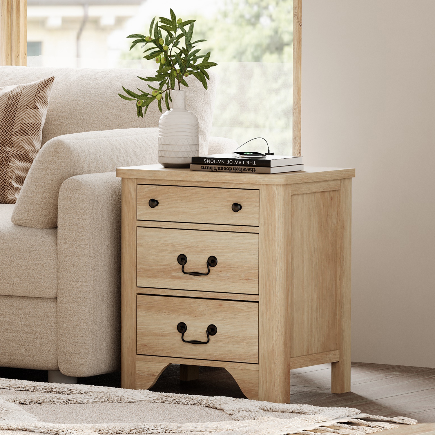 WAMPAT Farmhouse End Table with Charging Station, 20.5" Sofa Side Table with Large 3 Drawers,Rustic Wood Nightstands for Bedroom, Living Room, Home