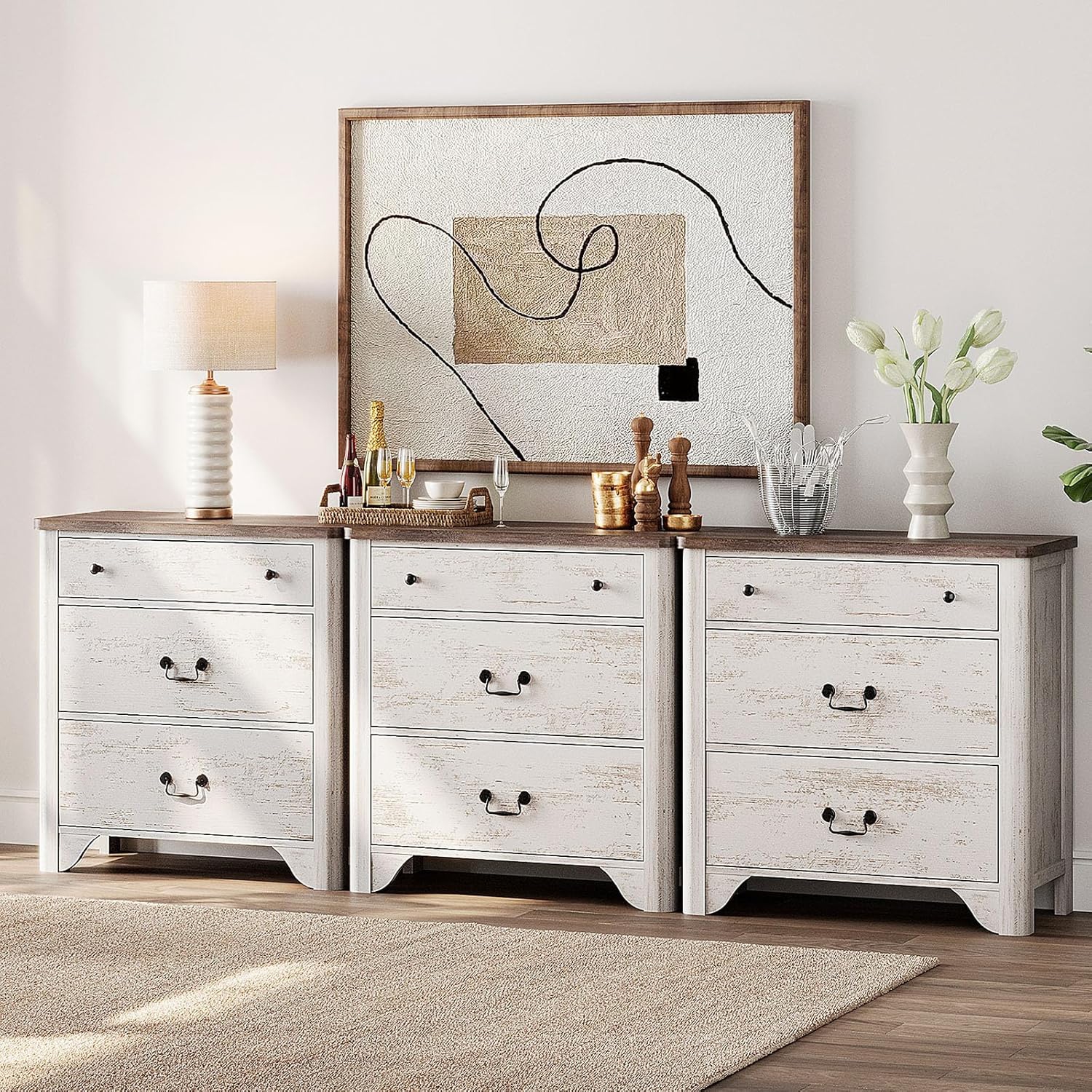 Commode à 9 tiroirs WAMPAT pour chambre à coucher, commode blanche Farmhouse de 94,5&nbsp;po de largeur avec large commode à tiroirs, armoire de