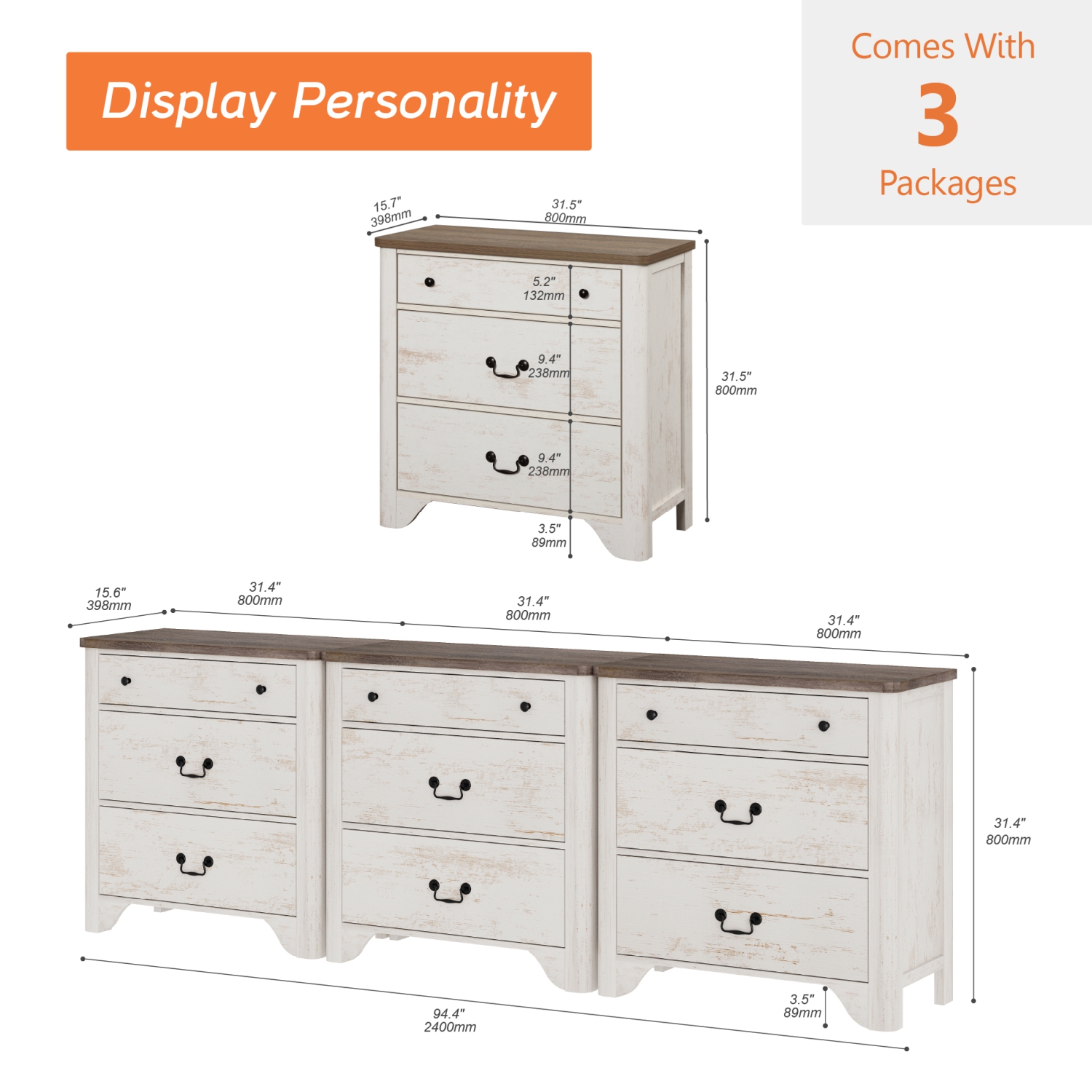 Commode à 9 tiroirs WAMPAT pour chambre à coucher, commode blanche Farmhouse de 94,5&nbsp;po de largeur avec large commode à tiroirs, armoire de