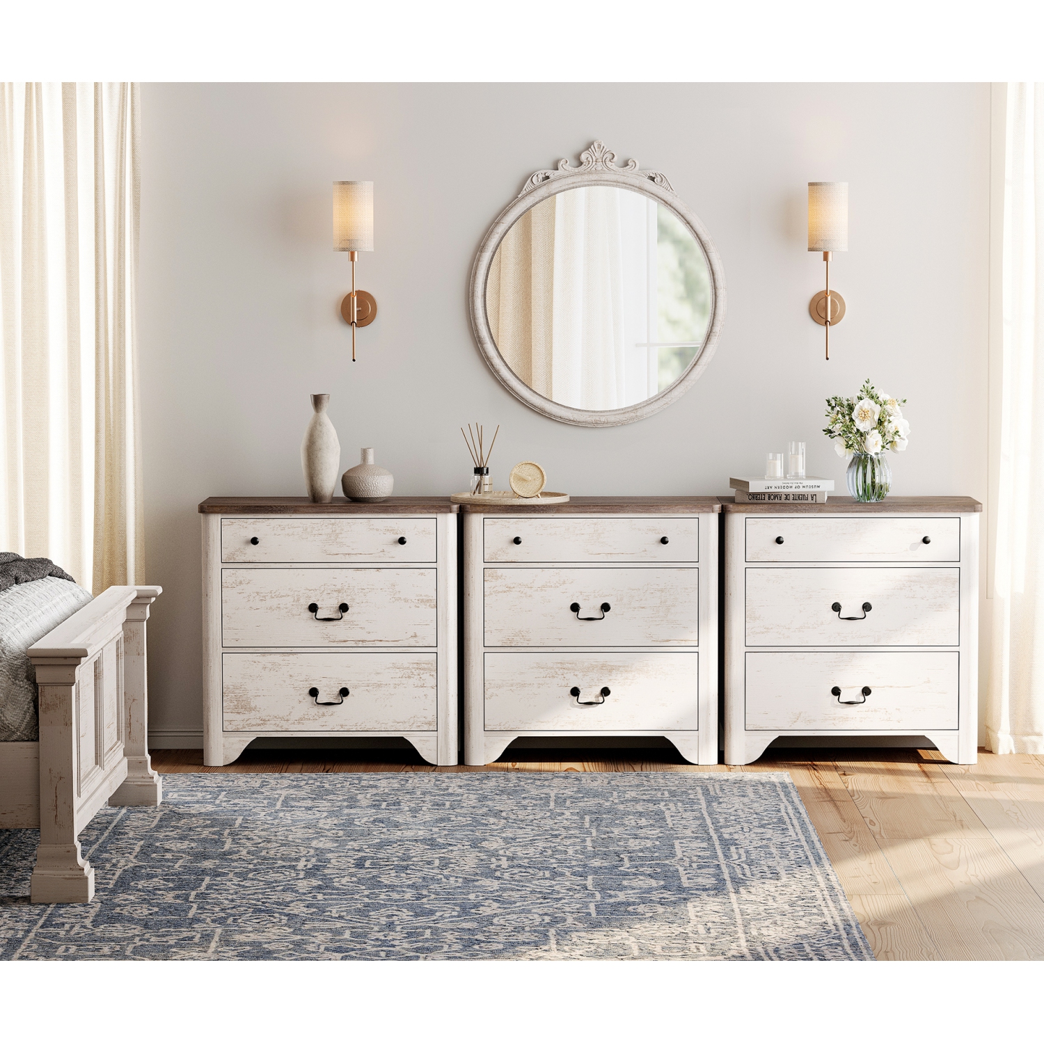 Commode à 9 tiroirs WAMPAT pour chambre à coucher, commode blanche Farmhouse de 94,5&nbsp;po de largeur avec large commode à tiroirs, armoire de