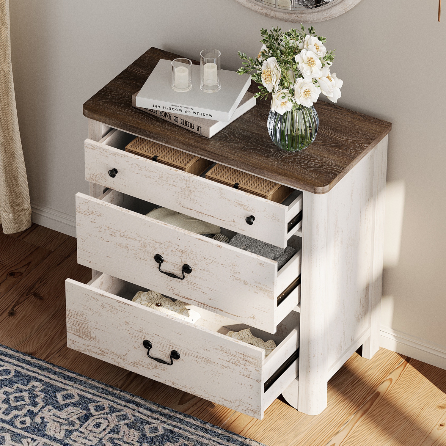 Commode à 6 tiroirs WAMPAT pour chambre à coucher, commode blanche de 63&nbsp;po de largeur avec grand coffre à tiroirs, commode en bois moderne