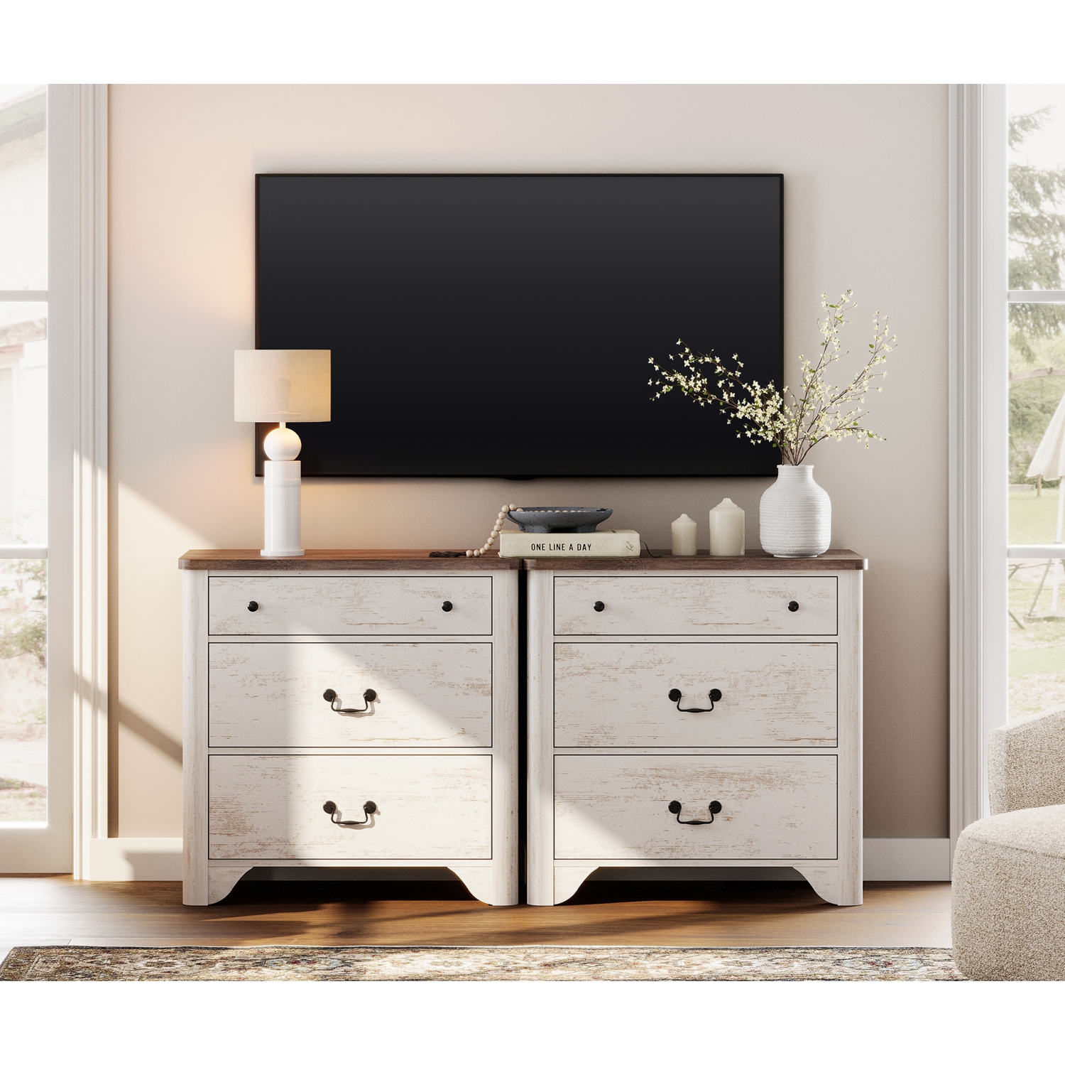 Commode à 6 tiroirs WAMPAT pour chambre à coucher, commode blanche de 63&nbsp;po de largeur avec grand coffre à tiroirs, commode en bois moderne