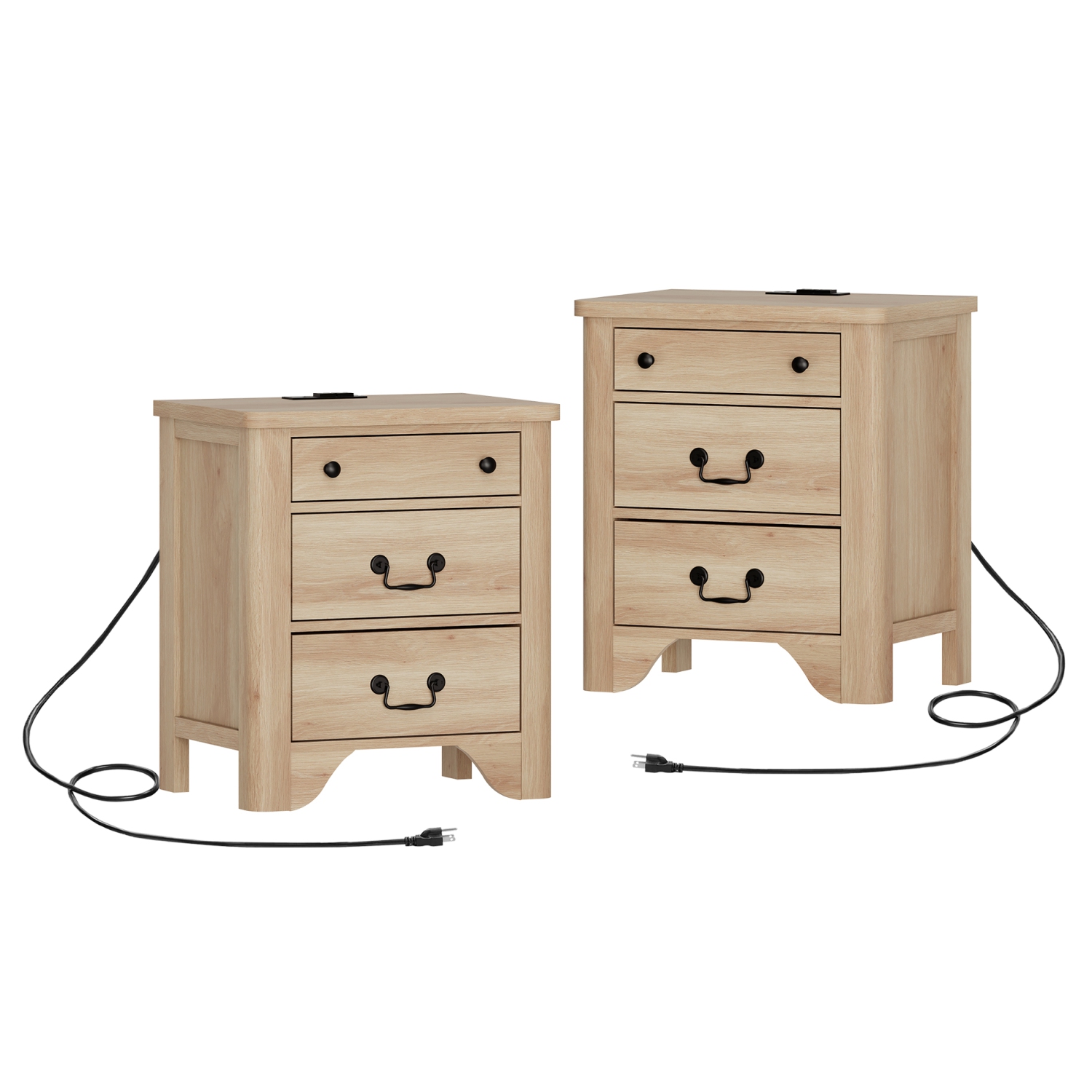 WAMPAT Farmhouse Nightstands Set of 2, 20.5" W End Table with Charging Station, Wooden Side Table with 3 Drawers, Oak End Table Side Table for