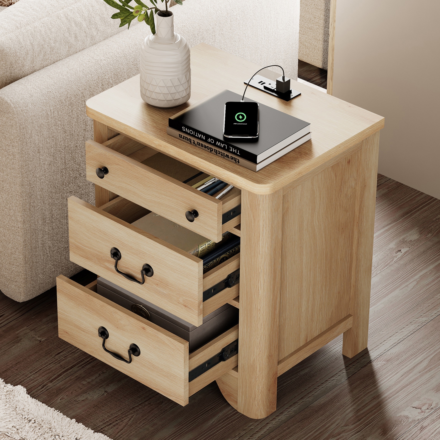 WAMPAT Farmhouse Nightstands Set of 2, 20.5" W End Table with Charging Station, Wooden Side Table with 3 Drawers, Oak End Table Side Table for