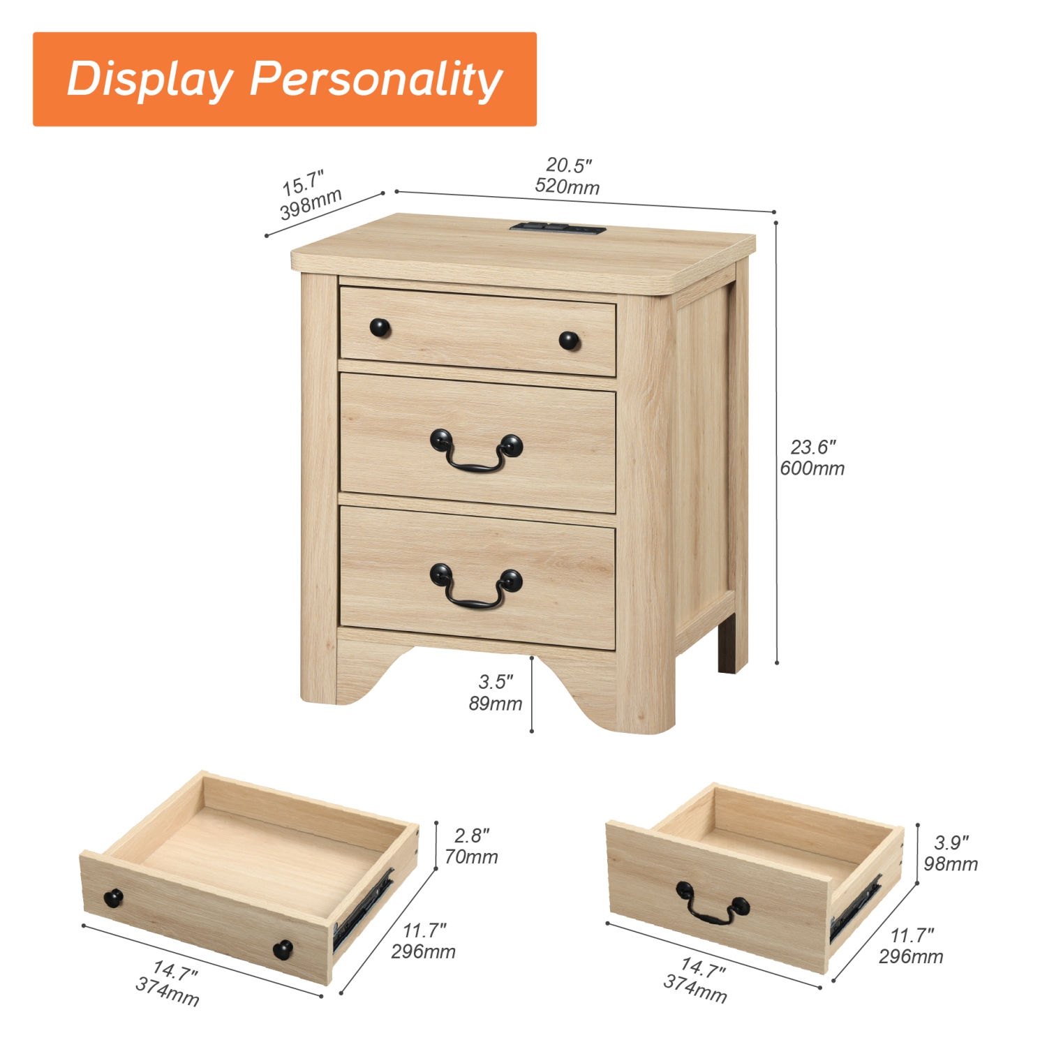 WAMPAT Farmhouse Nightstands Set of 2, 20.5" W End Table with Charging Station, Wooden Side Table with 3 Drawers, Oak End Table Side Table for