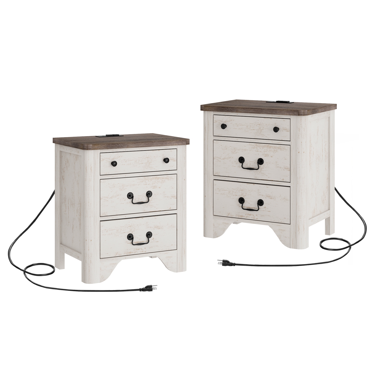 WAMPAT Farmhouse Nightstands Set of 2, 20.5 Inch End Table with Charging Station, Wooden Side Table with 3 Drawers, White End Table Side Table for