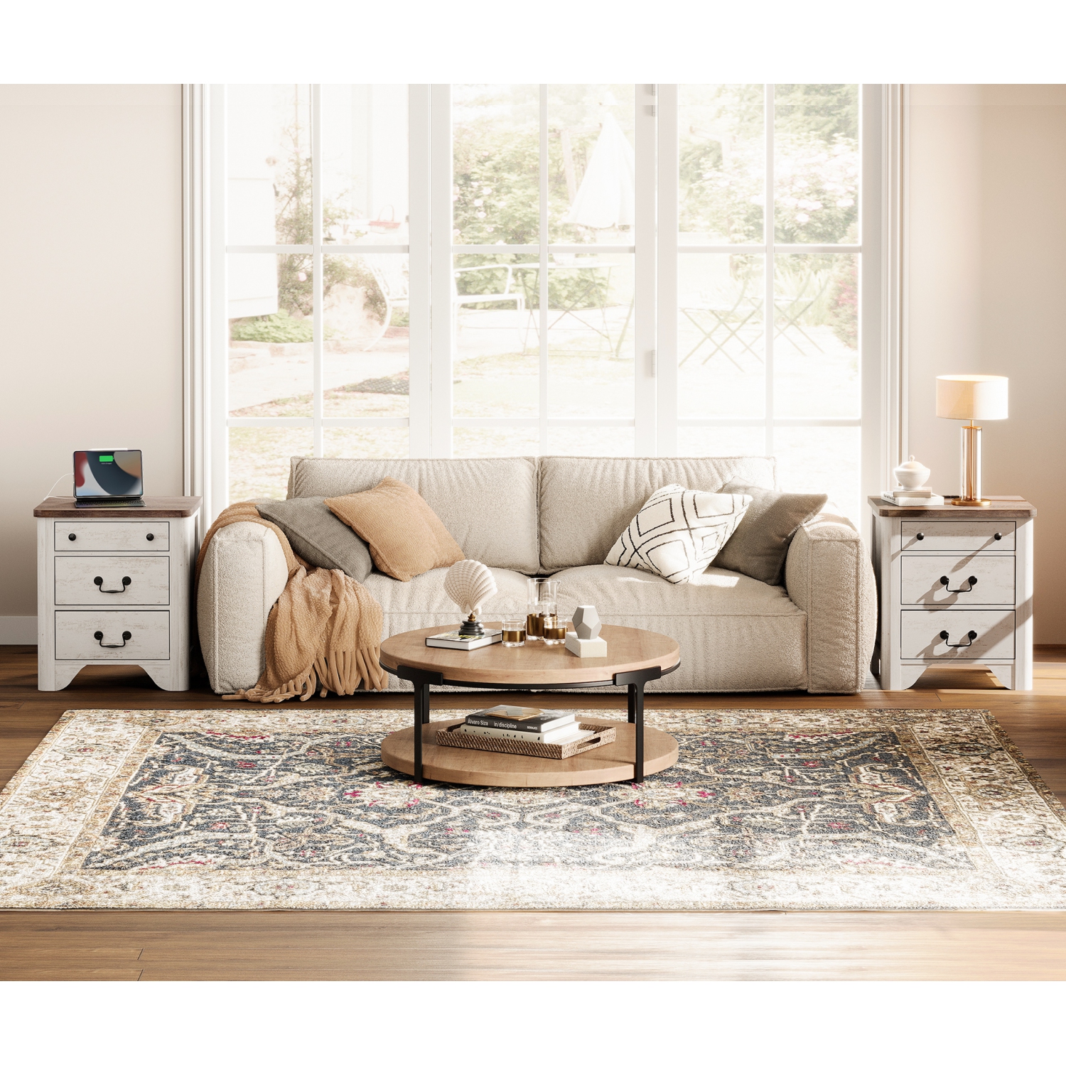 WAMPAT Farmhouse Nightstands Set of 2, 20.5 Inch End Table with Charging Station, Wooden Side Table with 3 Drawers, White End Table Side Table for