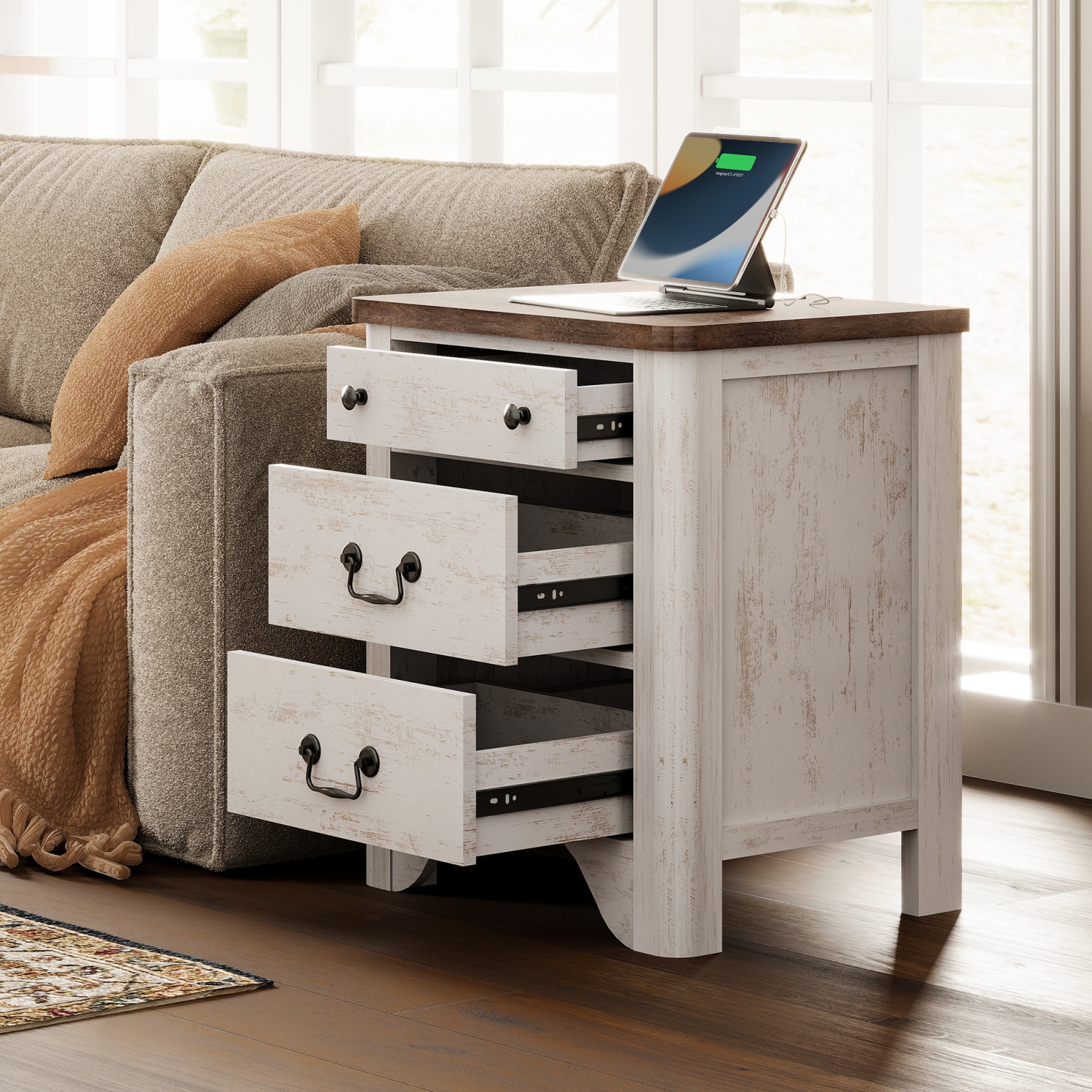 WAMPAT Farmhouse Nightstands Set of 2, 20.5 Inch End Table with Charging Station, Wooden Side Table with 3 Drawers, White End Table Side Table for