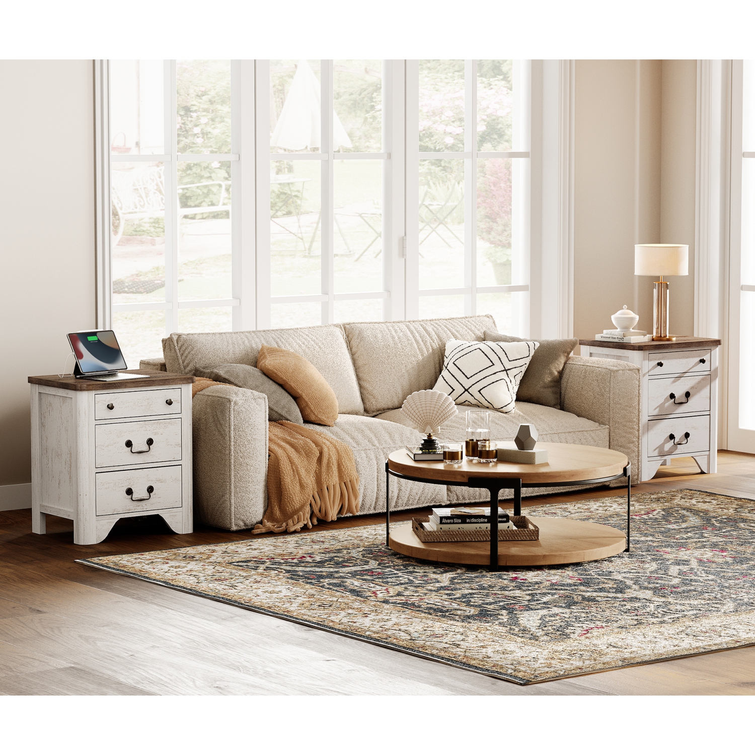 WAMPAT Farmhouse Nightstands Set of 2, 20.5 Inch End Table with Charging Station, Wooden Side Table with 3 Drawers, White End Table Side Table for