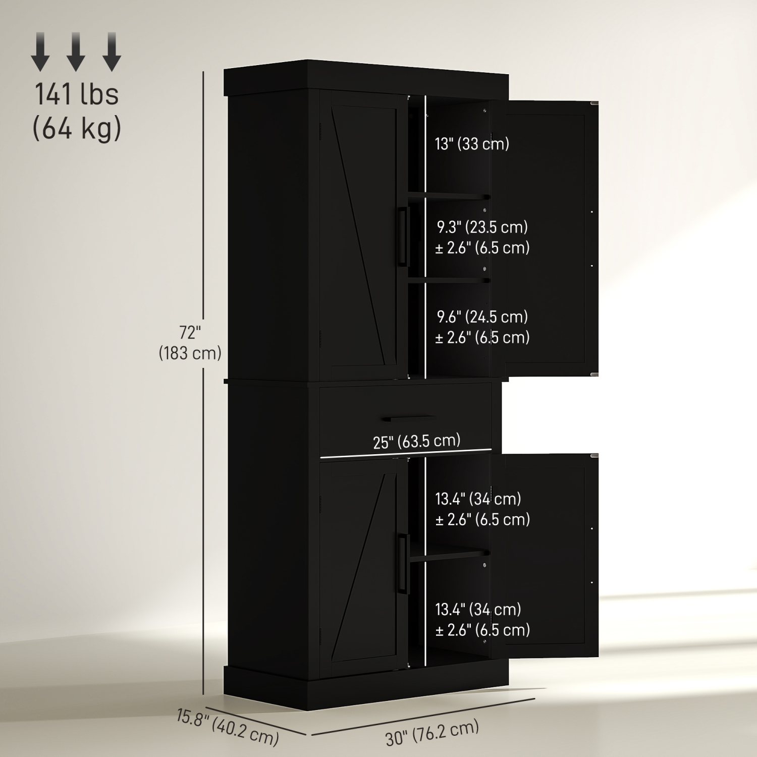 HOMCOM 72" Tall Kitchen Pantry Cabinet, Farmhouse Style Buffet Storage Cabinet, Freestanding, 4 Doors, 5-Tier Shelving, Drawer, Adjustable Shelves,