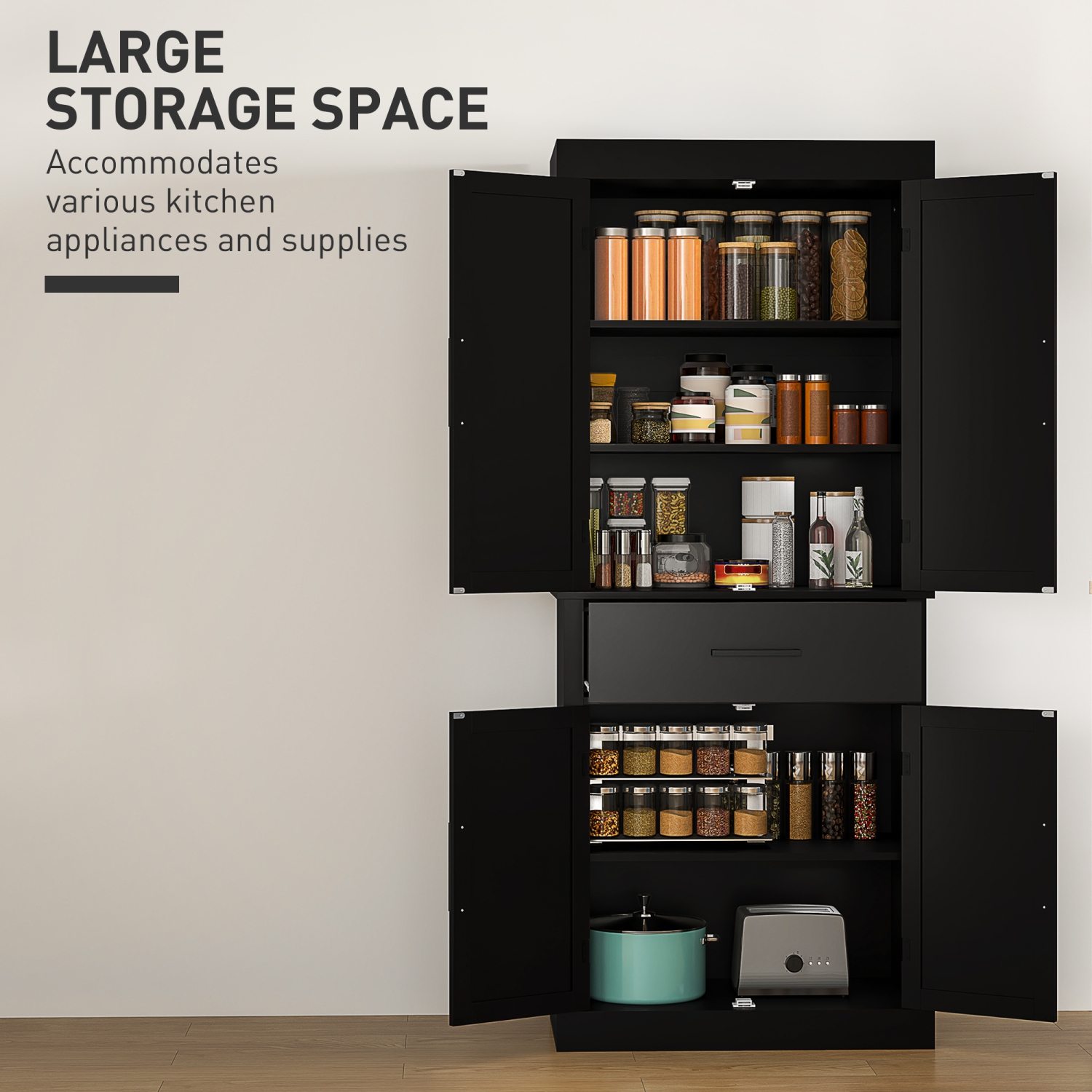 HOMCOM 72" Tall Kitchen Pantry Cabinet, Farmhouse Style Buffet Storage Cabinet, Freestanding, 4 Doors, 5-Tier Shelving, Drawer, Adjustable Shelves,