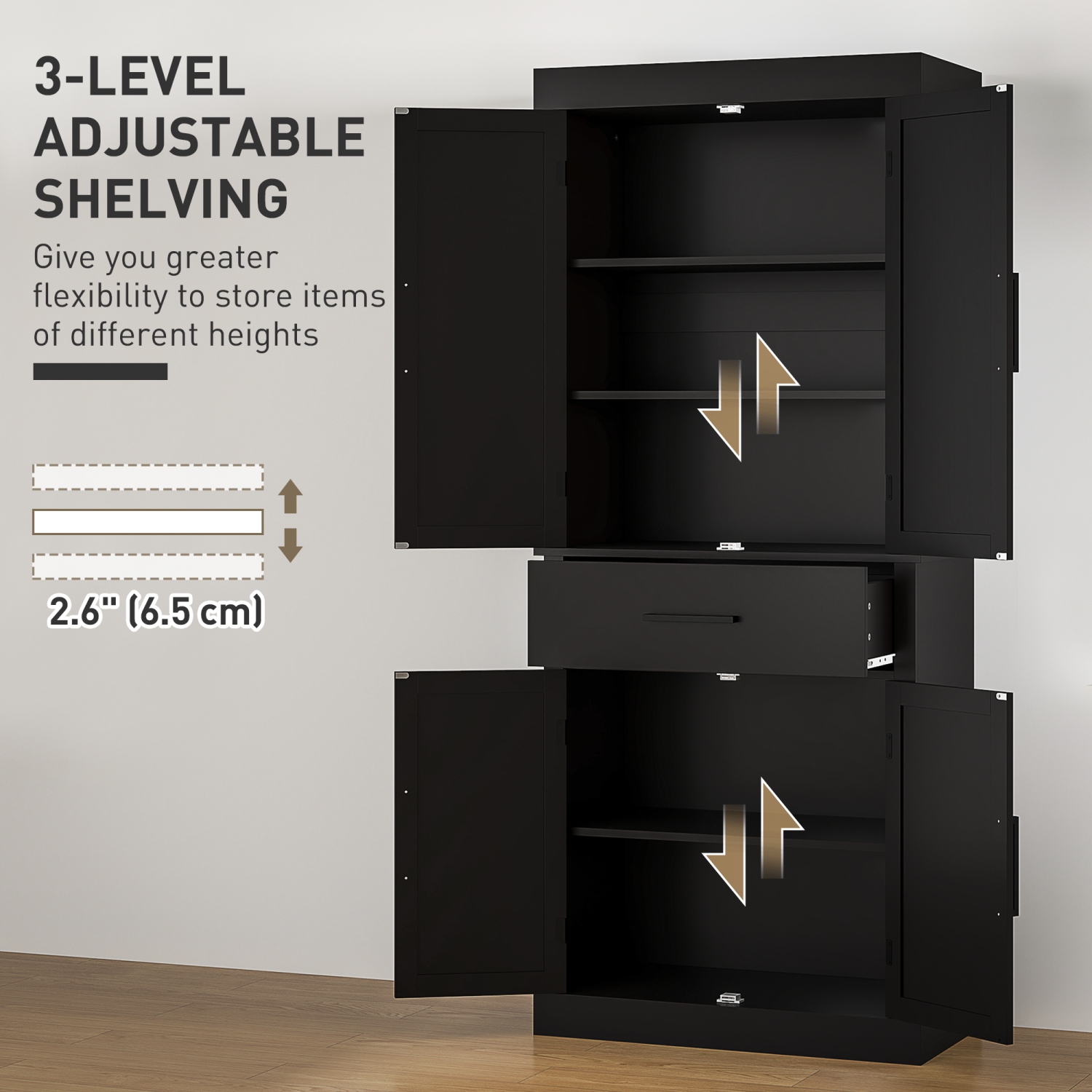 HOMCOM 72" Tall Kitchen Pantry Cabinet, Farmhouse Style Buffet Storage Cabinet, Freestanding, 4 Doors, 5-Tier Shelving, Drawer, Adjustable Shelves,