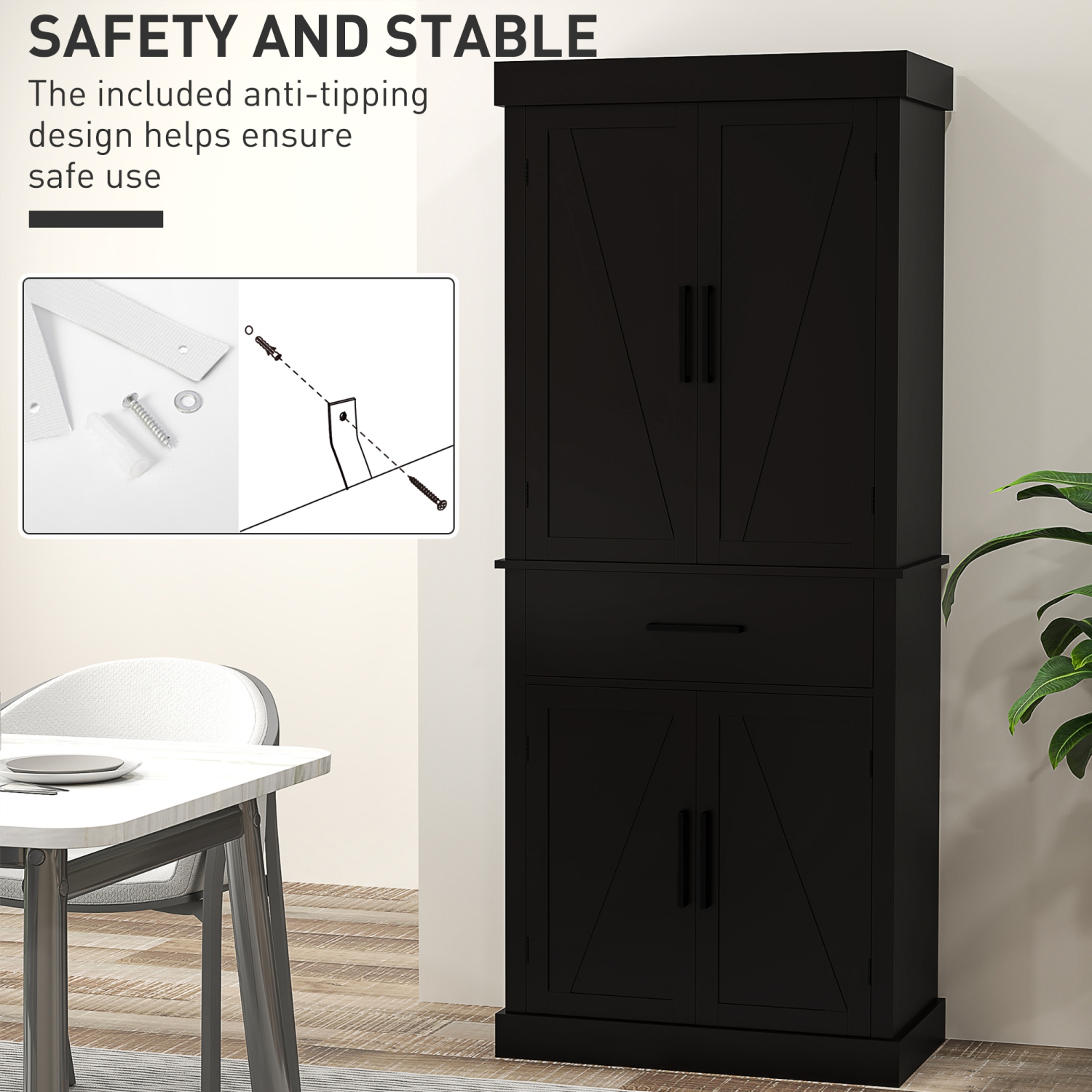 HOMCOM 72" Tall Kitchen Pantry Cabinet, Farmhouse Style Buffet Storage Cabinet, Freestanding, 4 Doors, 5-Tier Shelving, Drawer, Adjustable Shelves,