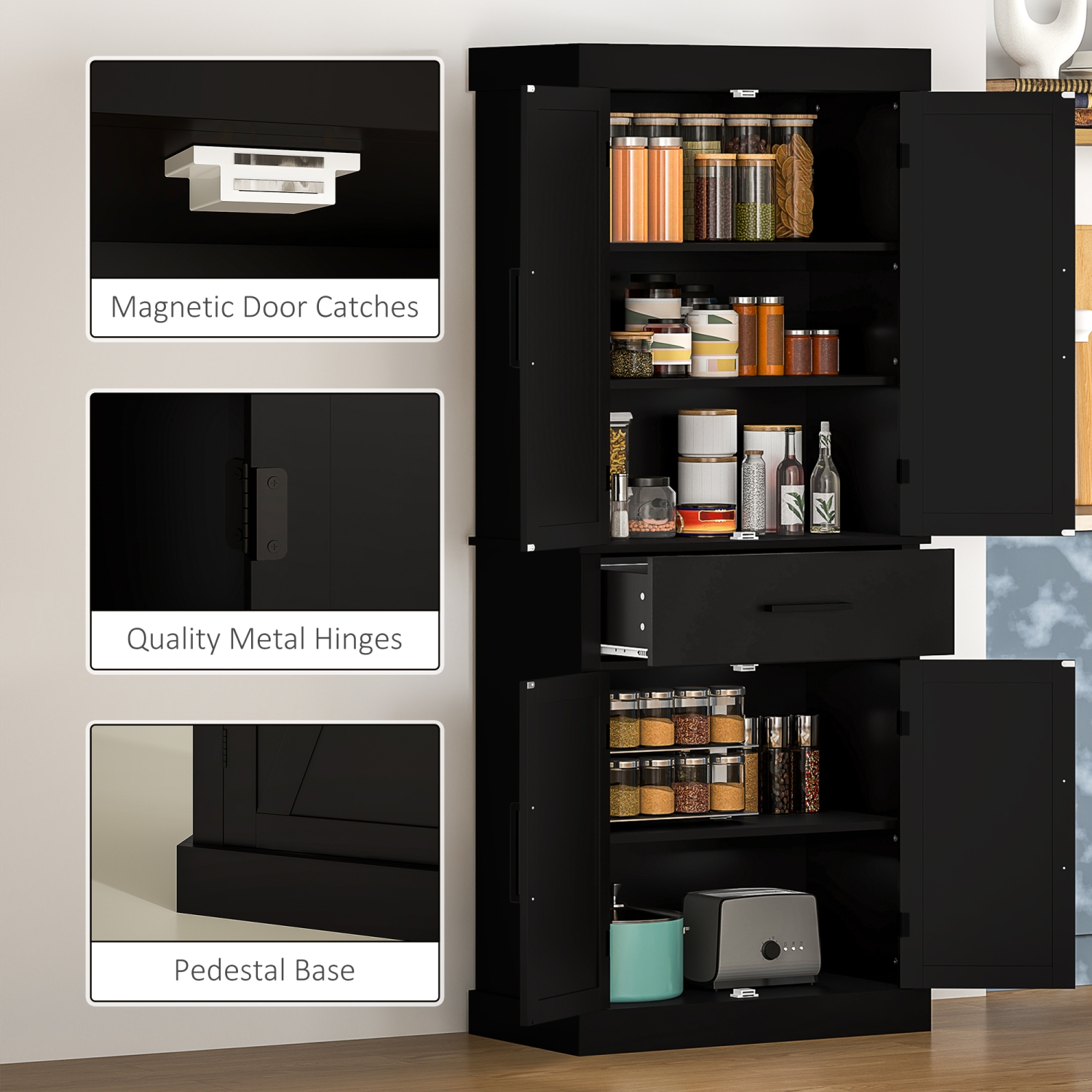 HOMCOM 72" Tall Kitchen Pantry Cabinet, Farmhouse Style Buffet Storage Cabinet, Freestanding, 4 Doors, 5-Tier Shelving, Drawer, Adjustable Shelves,