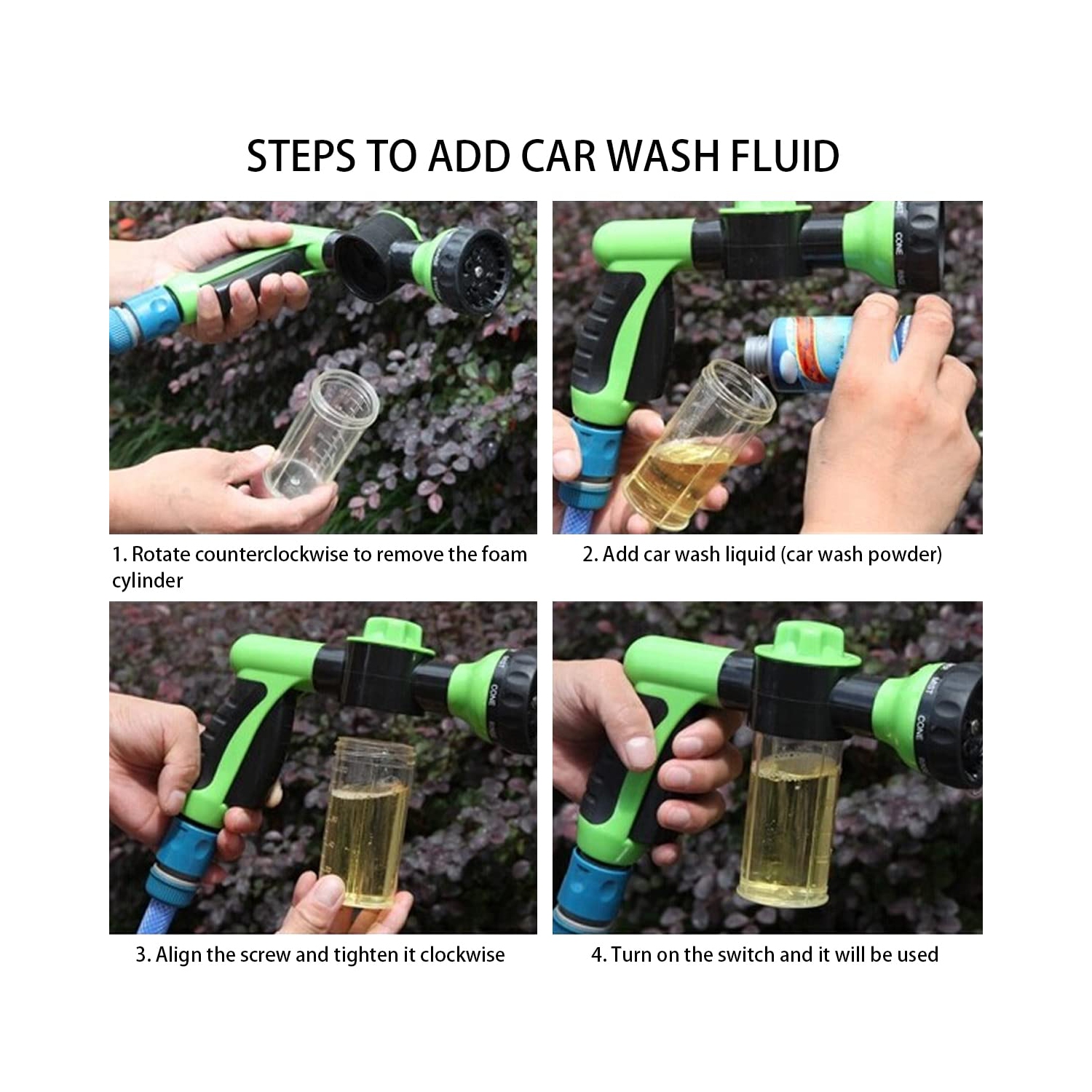 Pistolet mousse lave-auto , CAN Jet Wash Accessoires d'arrosage 8 Motifs d'arrosage réglables -Vert-Noir